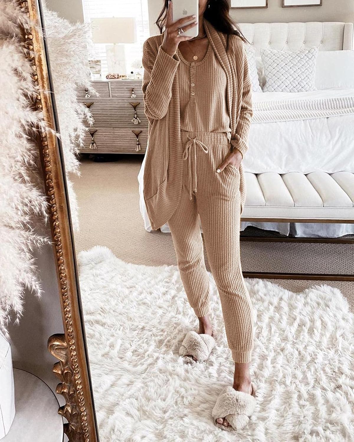 Fessceruna Womens Waffle Knit 3 Piece Lounge Sets Pajama Tank Top Long Sleeve Cardigan and Pants Loungewear Outfit - Image 2