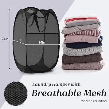 Collapsible Mesh Pop Up Laundry Hamper with Sturdy Handles and Side Pocket - Portable Foldable Clothes Baskets for Dorm, Bathroom & Travel Storage (Black)