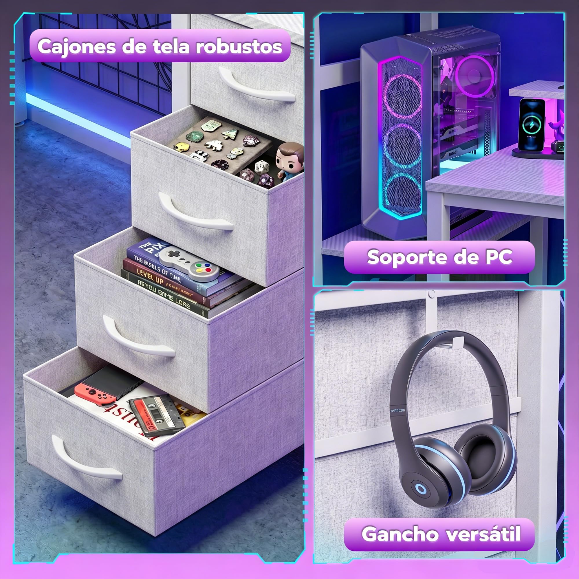 APICIZON Mesa Gaming 150 x 50 cm con Estantería - Escritorio de Ordenador Reversible con Luces LED RGB, 2 Puertos USB, Soporte para Auriculares y Bebidas, Textura de Fibra de Carbono Blanco