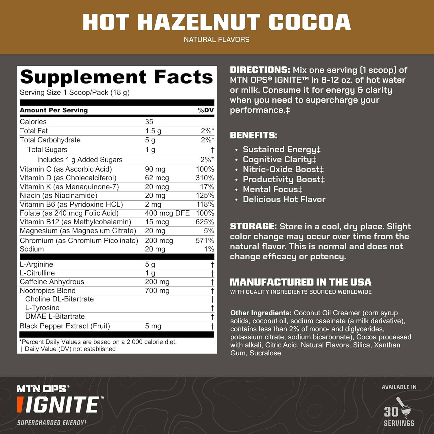 MTN OPS Hot Ignite Instant Coffee Nootropic & L-Arginine L-Citrulline for Cognitive Clarity, Mental Focus & Nitric-Oxide Boost | 200mg Caffeine per Serving, 30 Servings | Hazelnut Cocoa