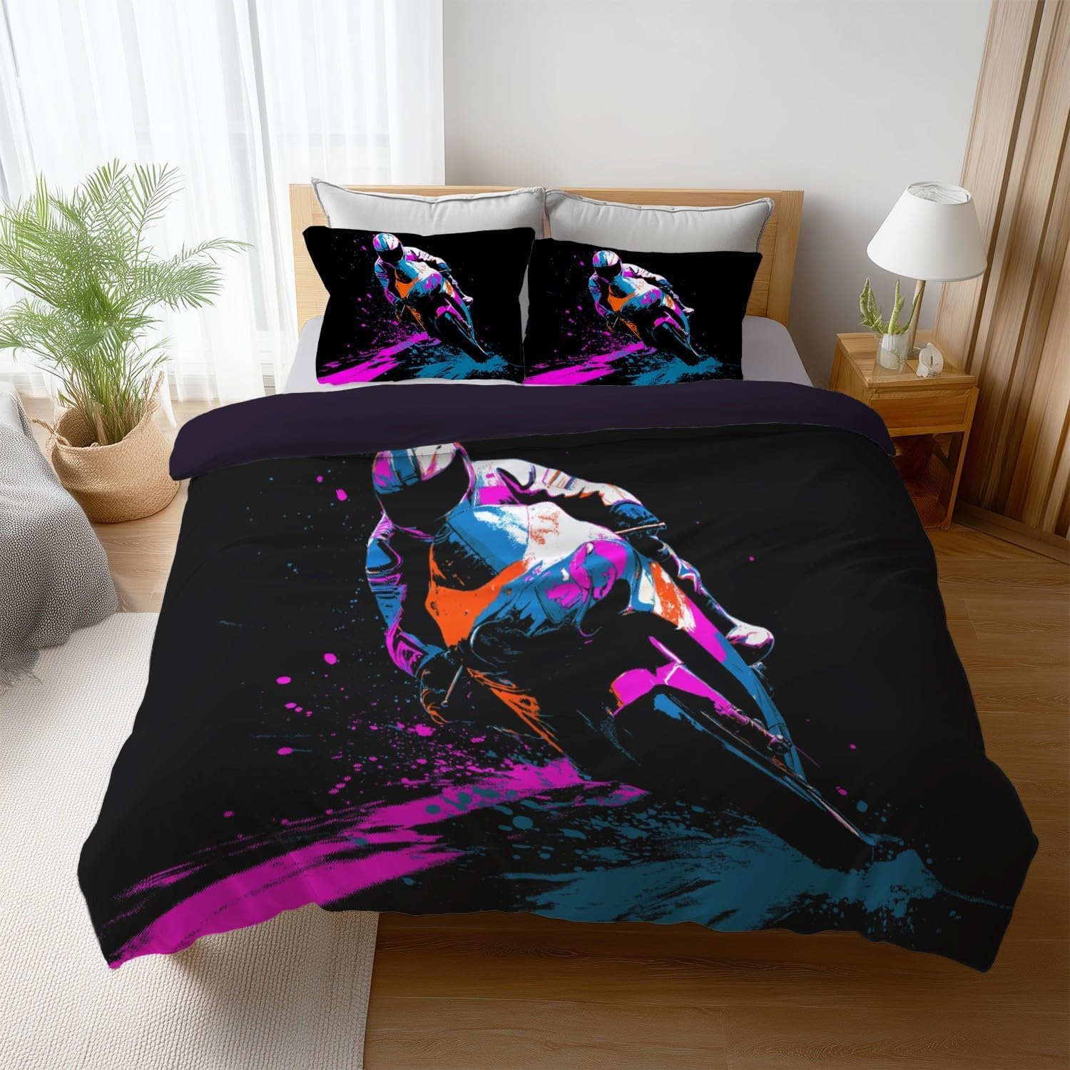 Housse de couette 240x220 motocross avec 2 taies d'oreiller pour lit 2 personnes