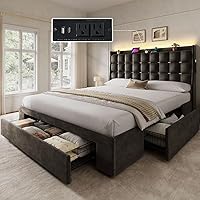 YITAHOME Queen Bed Frame with 3 Storage Drawers, RGB LED Lights, Charging Station, Velvet Grey Upholstered, No Box Spring