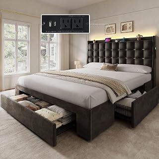 YITAHOME Queen Bed Frame with 3 Storage Drawers, RGB LED Lights, Charging Station, Velvet Grey Upholstered, No Box Spring