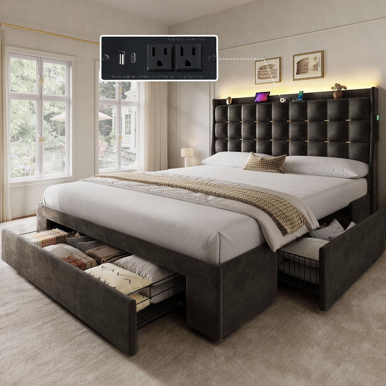 Photo 1 of ***PARTIAL SET - PRICE ADJUSTED*** YITAHOME Queen Size Bed Frame with 3 Storage Drawers and RGB LED Lights, Velvet Upholstered Bed with Charging Station and Storage Headboard, No Box Spring Needed, Easy Assembly, Noise-Free, Grey