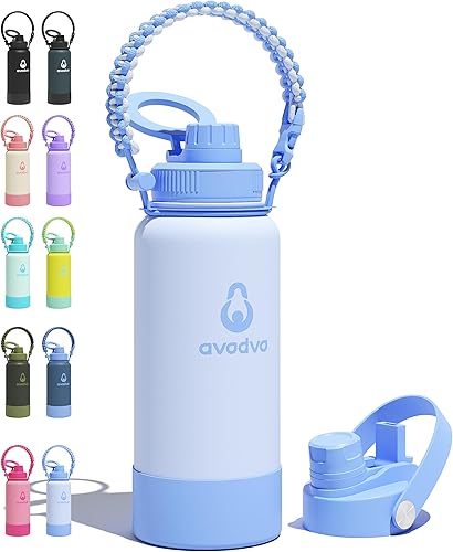 Miniatura 48 de Botella de agua aislada avodvo de 12 onzas con 2 tapas (tapa con popote y boquilla de 2 en 1, tapa magnética), botella de agua para niños con Azul