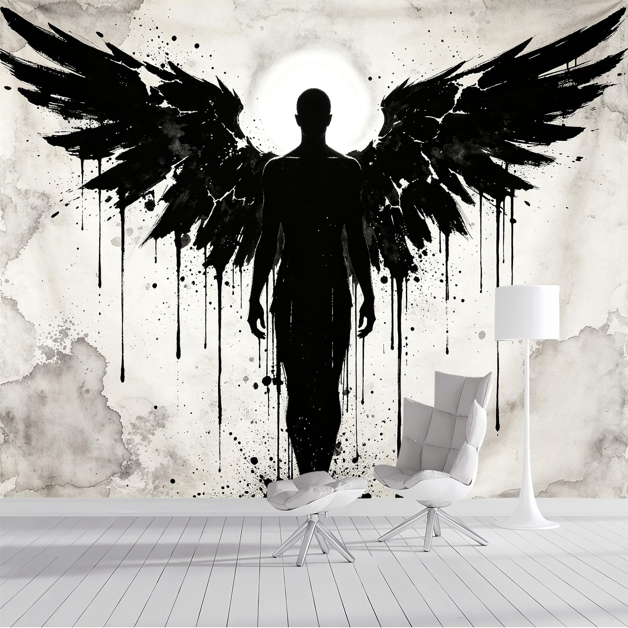 Yzpallescene Bh260711031 Custom Size Wall Mural Gothic Angel Silhouette Ink Art Selfadhesive Wall Fabric Removable Peel And Stick Wallpaper Wall Decor For Living Room Bedroom Bathroom