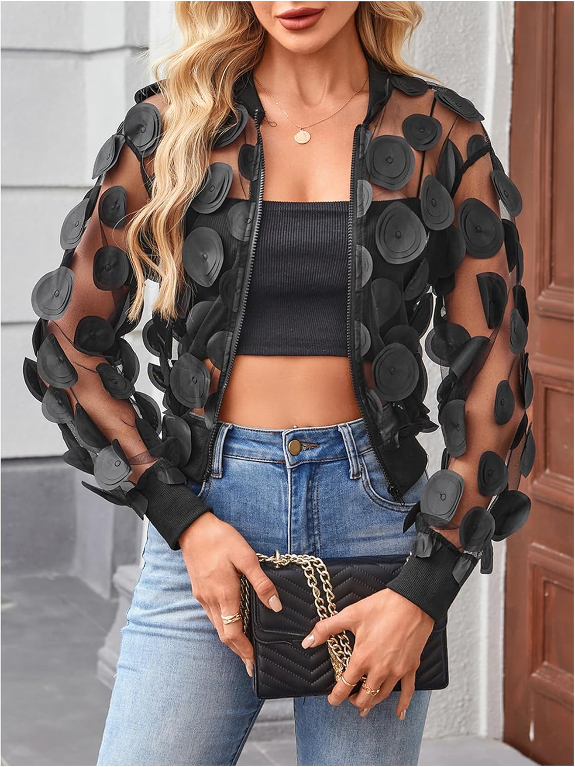 Milumia Women's Appliques Sheer Mesh Bomber Jackets Y2k Zip Up Jacket Outerwear - Image 3
