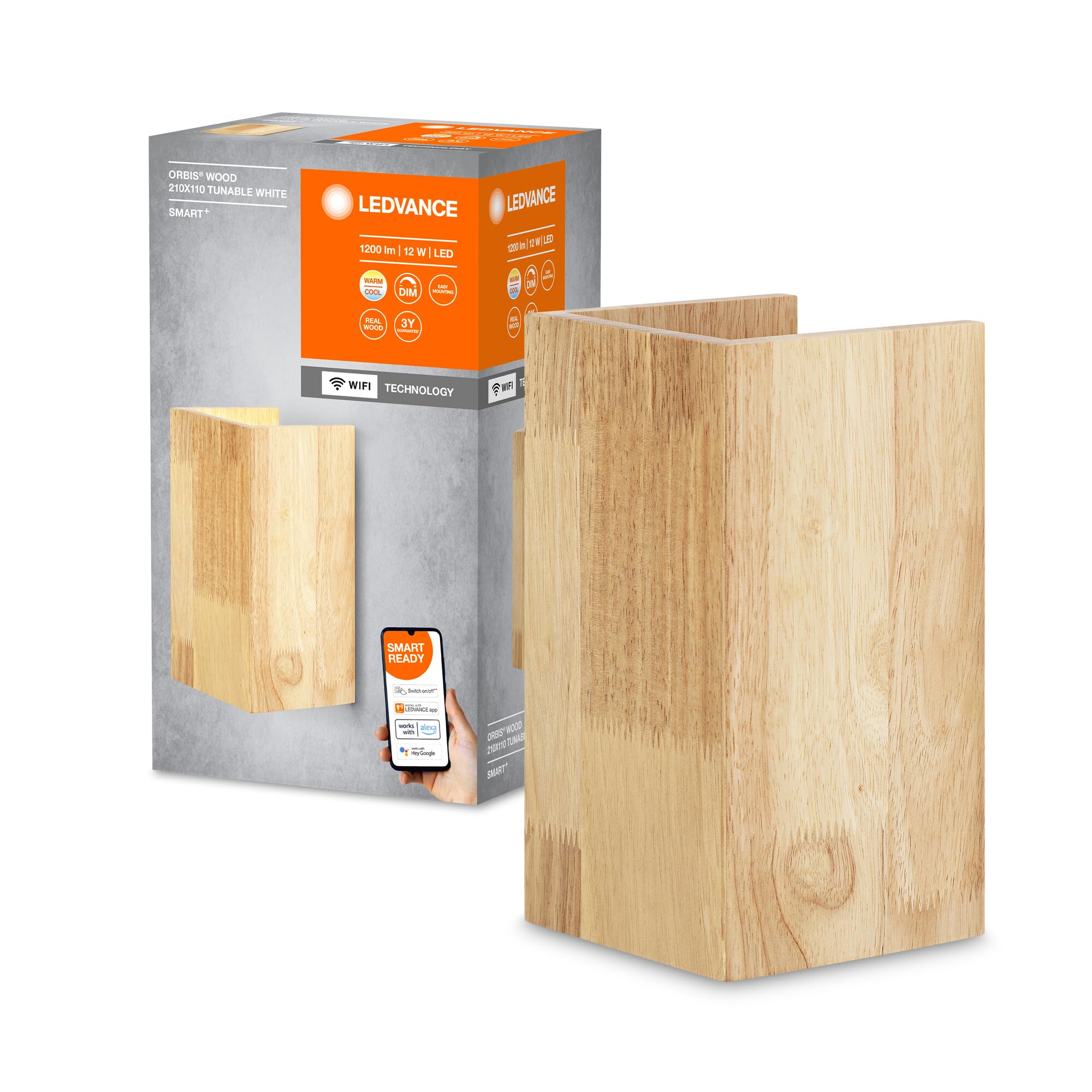 LEDVANCE EDVANCE Lampada ORBIS WOOD SMART+ Wi-Fi, lampada da parete per interni a LED dimmerabile, illuminazione 14W, 3000-6500K, 600lm, forma quadrata in vero legno, 21x11cm
