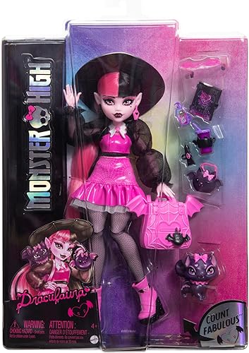 Miniatura 6 de Monster High Muñeca Draculaura con cuenta de murciélagos y gatos para mascotas, fabulosa y accesorios como mochila, libro de hechizos, caja Bento y