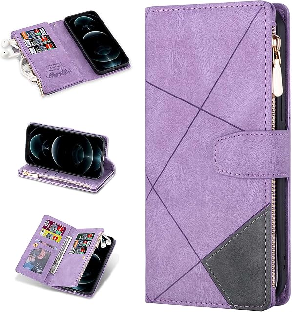 ZCDAYE Wallet Case for Samsung Galaxy S21 FE Case with 9 Card Slots Zipper Pocket Handbag Wristlet Folio Flip Cover for Samsung Galaxy S21 FE-Purple