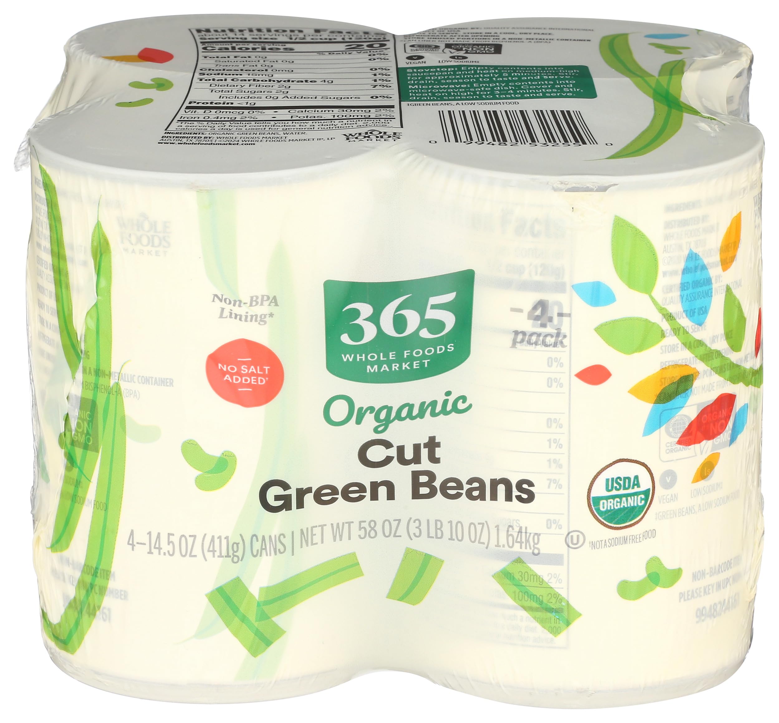 365 By Whole Foods Market, Organic No Salt Added Cut Green Beans, 14.5 Ounce, 4 Pack