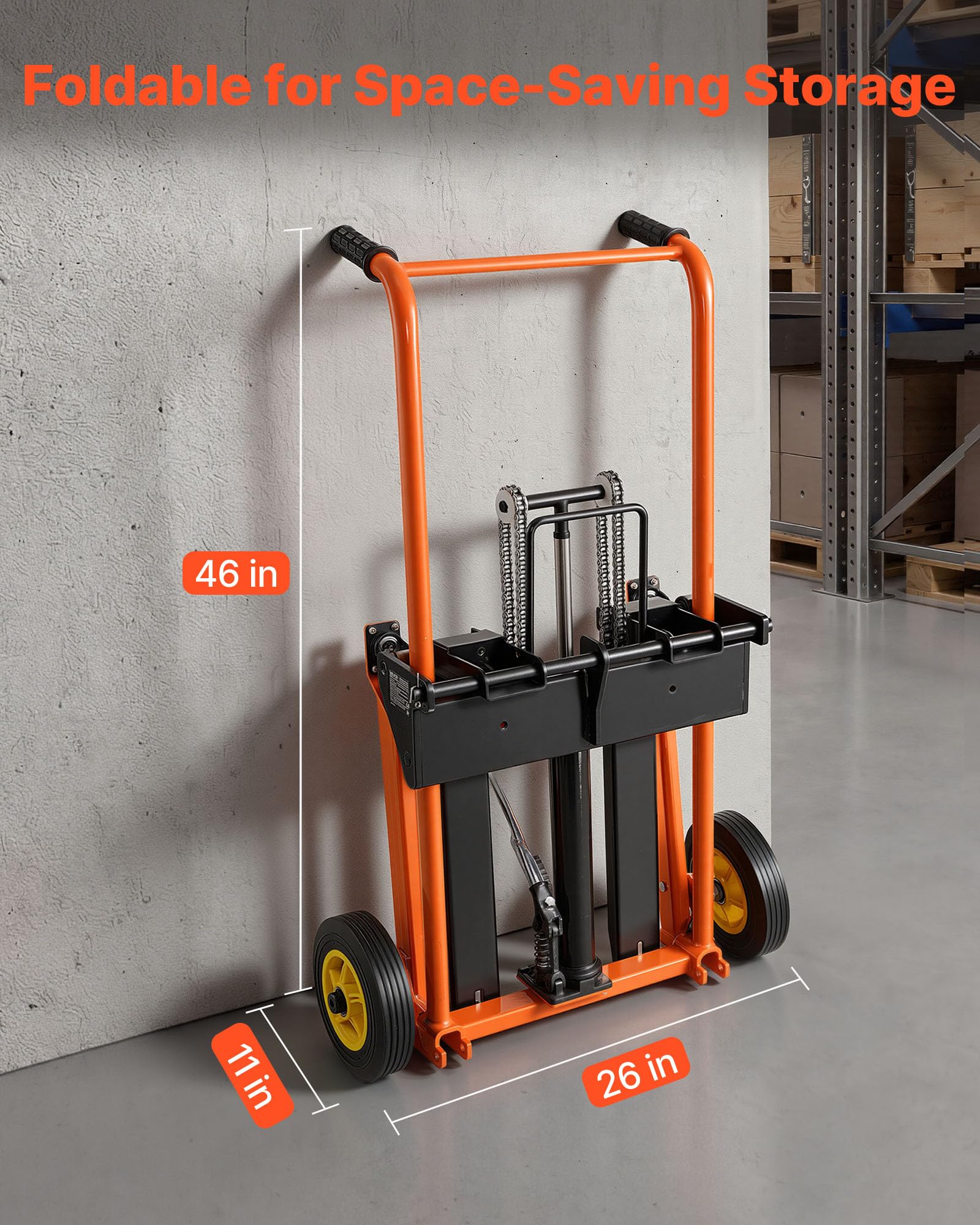 VEVOR Apilador Manual Hidráulico de Palets Plegable, Elevador 2 en 1 con Pedal, Acero Carbono, Capacidad 205 kg, Altura Ajustable 70 a 900 mm, Compacto y Portátil, para Almacén, Carga y Transporte