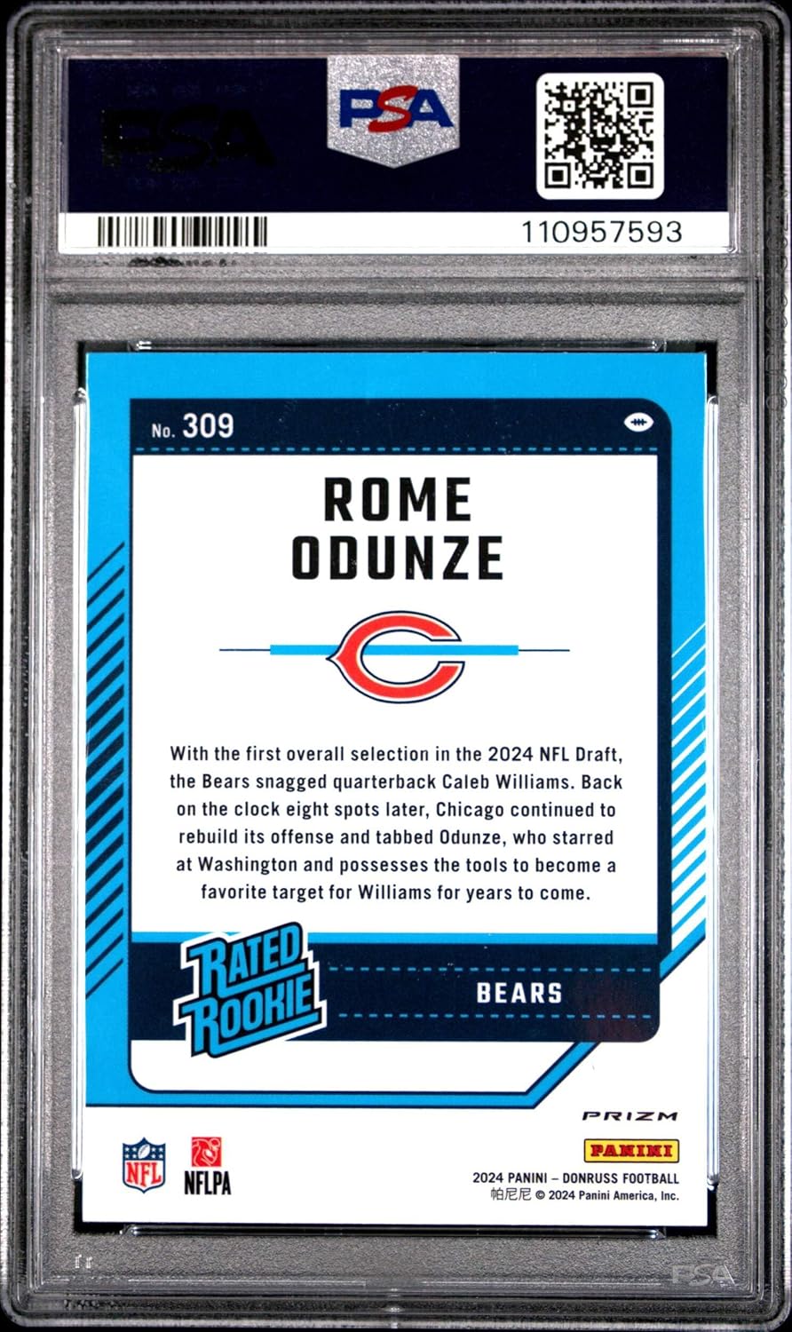 Graded 2024 Panini Donruss Rome Odunze #309 Optic Preview Pink Rookie RC Football Card PSA 10 Gem Mint