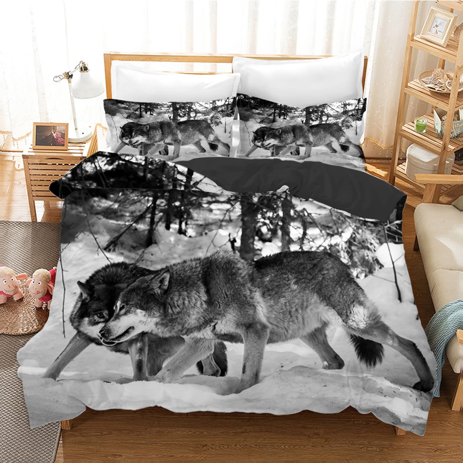 Housse de couette 160x200 loups blancs en microfibre avec 2 taies d'oreiller
