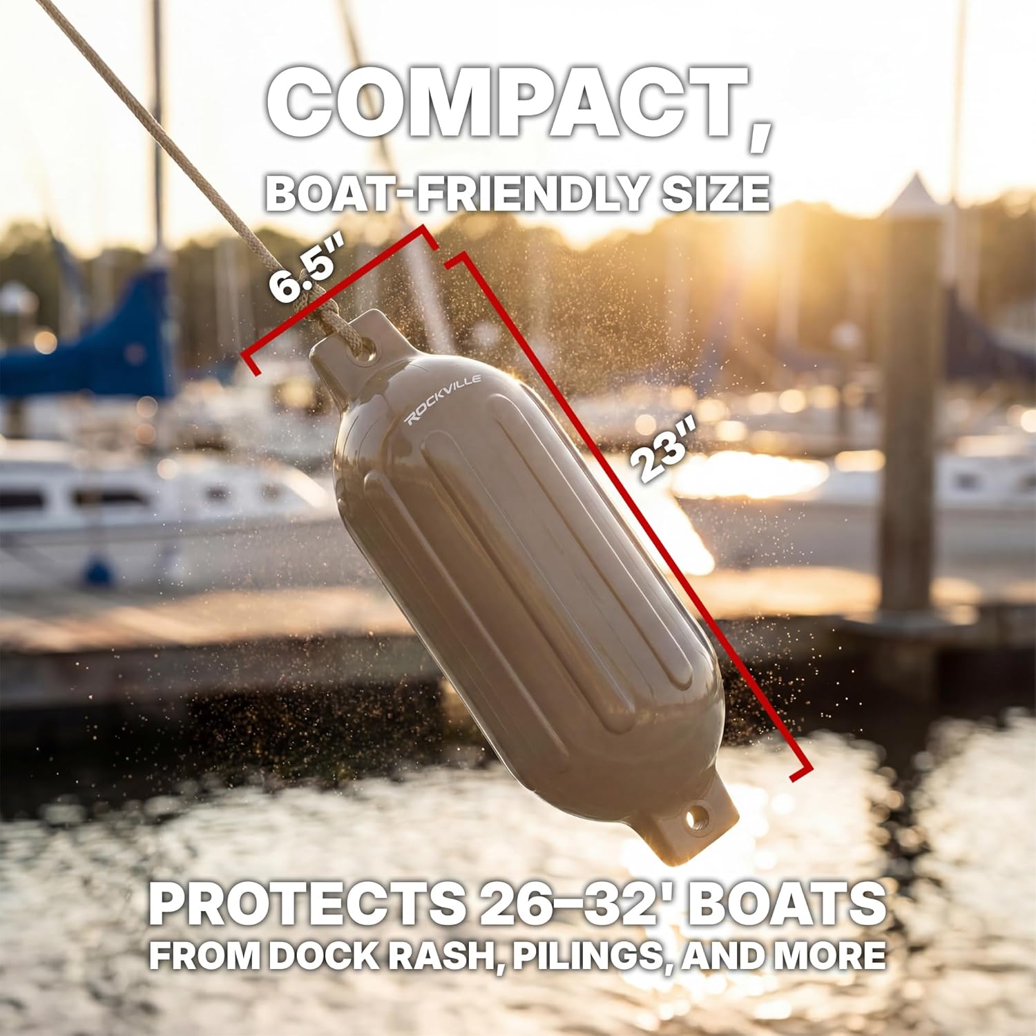 Rockville Boat Fender with 10ft Line, Marine Bumper for Docking Protection, UV-Resistant PVC Construction, Double Eyelets for Vertical or Horizontal Mounting