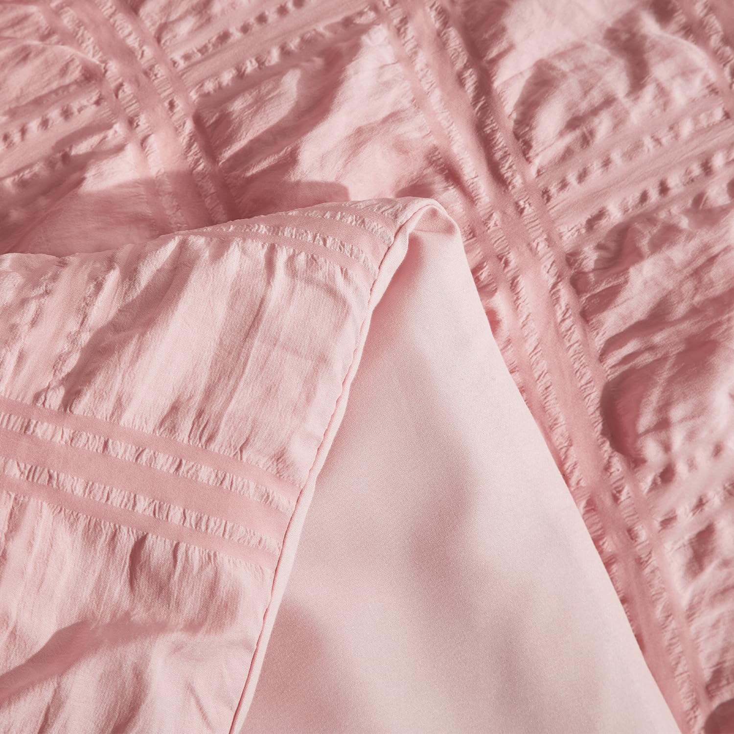 Luofanfei Biancheria da letto in seersucker, 155 x 220 cm, rosa, estate, fresca, a righe, motivo a quadri, traspirante, leggera, copripiumino singolo e federe 80 x 80 cm, con chiusura lampo
