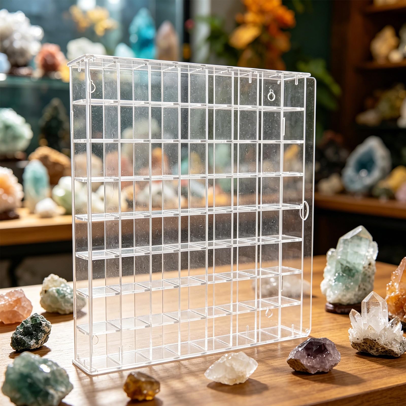 Vitrina Expositora Acrílica para Colecciones de Minerales y Cristales con 64 Compartimentos y Puerta, Adecuado para Habitaciones Compactas y Montaje en Pared