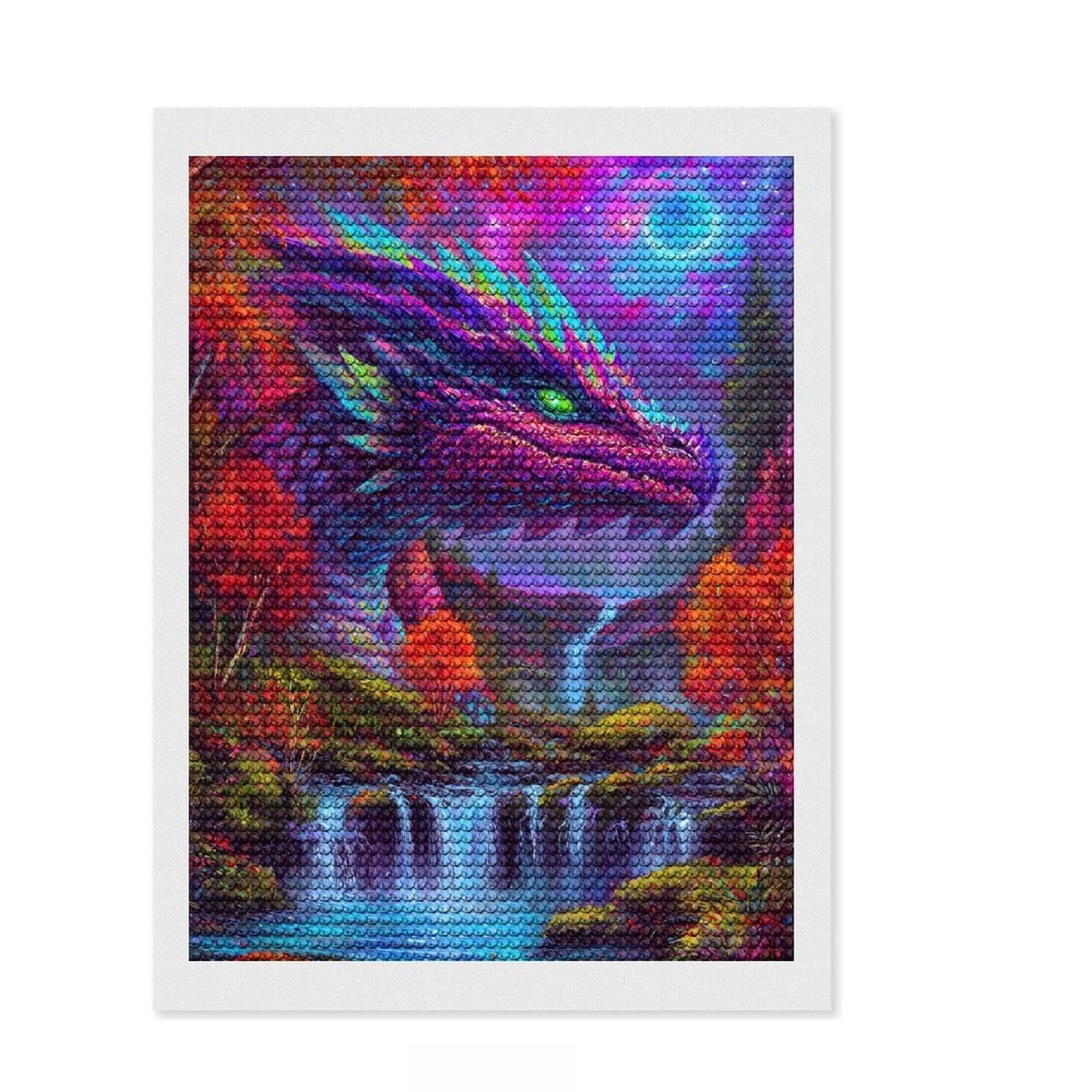 Junmoney Colorful Dragon Waterfall Fantasy Landscape DIY Diamond Art Canvas Kit 12"x16", Round Gems, Creative Hobby, Fun Craft Activity, Vintage Style Decor
