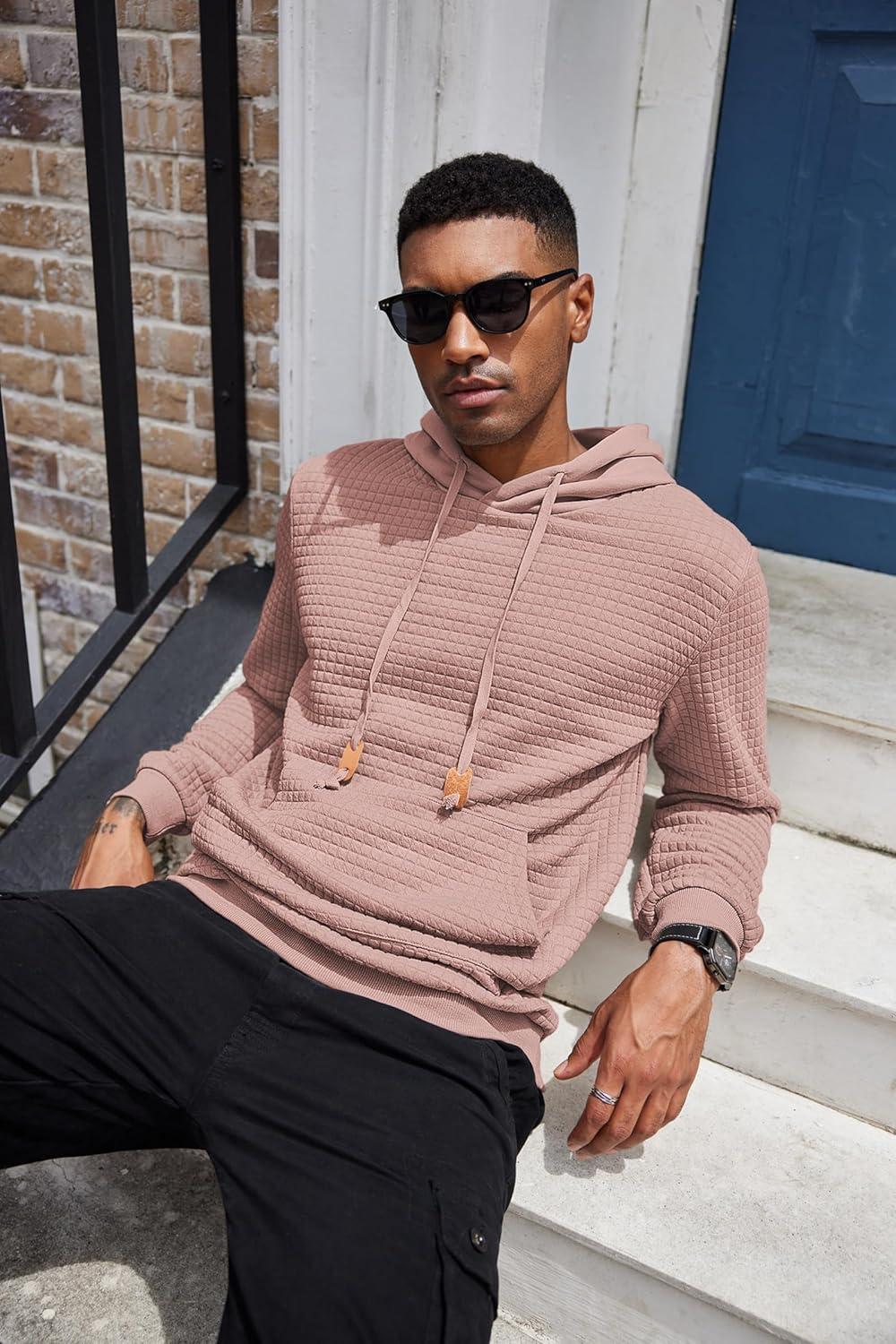 COOFANDY Mens Hoodies Sweatshirts Long Sleeve Fashion Waffle Knit Pullover Hoodie with Pocket - Image 4