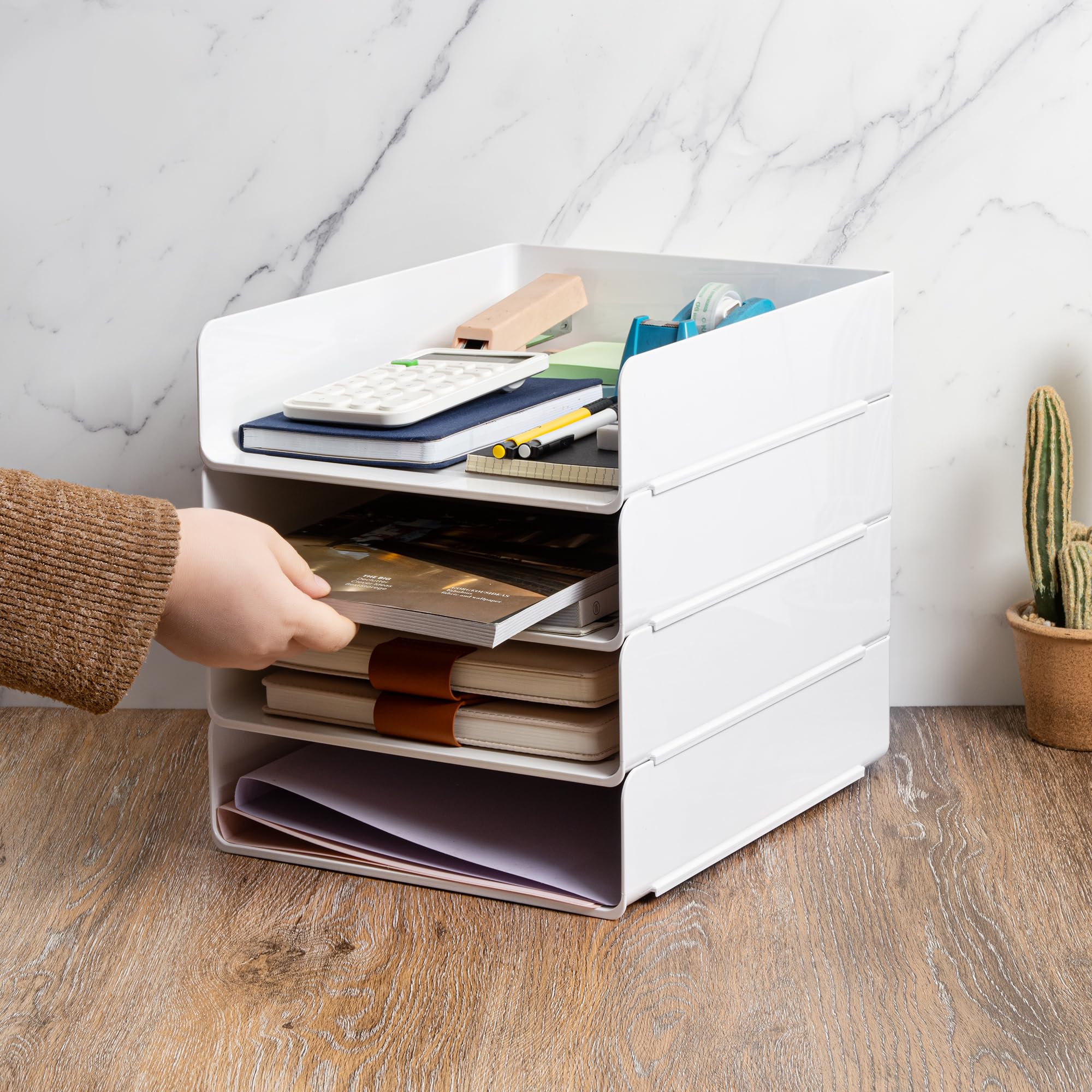 Organizer da scrivania, organizer per ufficio e archiviazione, vassoio per lettere in plastica, organizer impilabile per classe, casa, documenti, appunti, cartelle, libri e penne, 4 ripiani