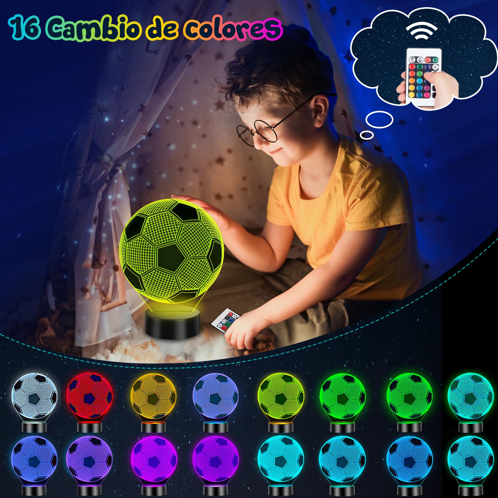 Linkax Luz Nocturna 3D Fútbol Infantil, Regalo Comunión Niño 7 8 9 10 11 12 años, Ilusión Óptica football Luz LED 16 Colores con Control Remoto y Táctil, Regalo para Niños Cumpleaños Navidad