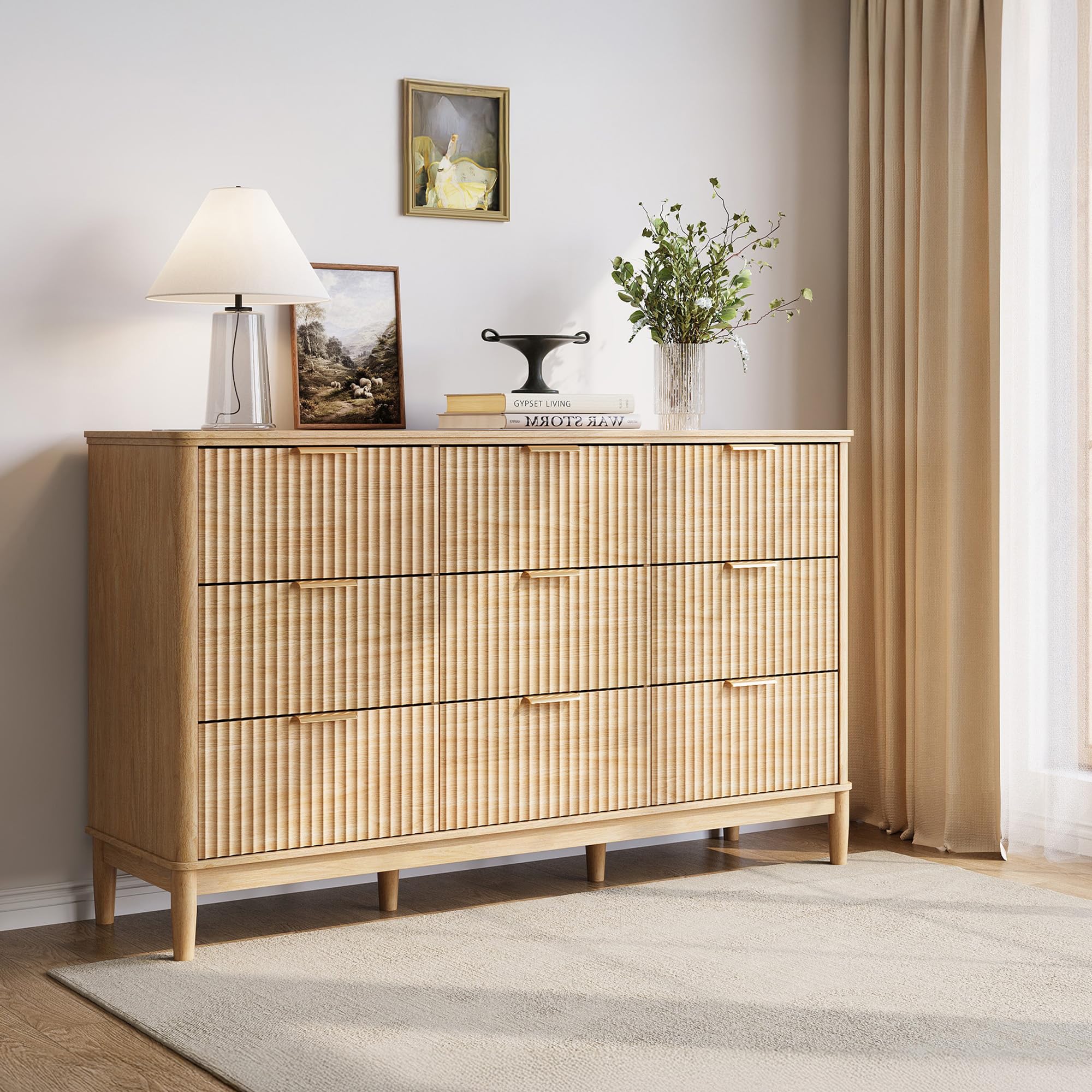 linsy fluted 9 drawer dresser for bedroom, 58" wide mid-century modern tall chest of drawers, deep storage dresser with curved corner design, large accent wood cabinet for bedroom, oak
