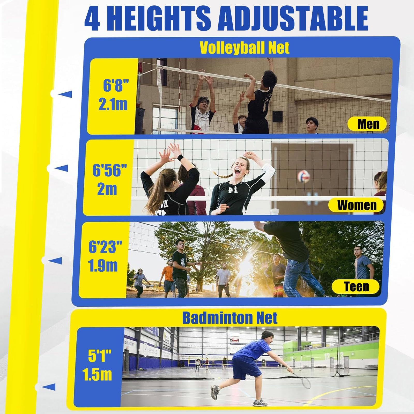 Verstellbares Volleyball-Badminton-Stangen-Set mit Netz, tragbarer Volleyball-Netzständer für drinnen und draußen, 4 Höhen (5 Fuß bis 6,8 Fuß), robust mit Rädern, für Hinterhof-Rasen