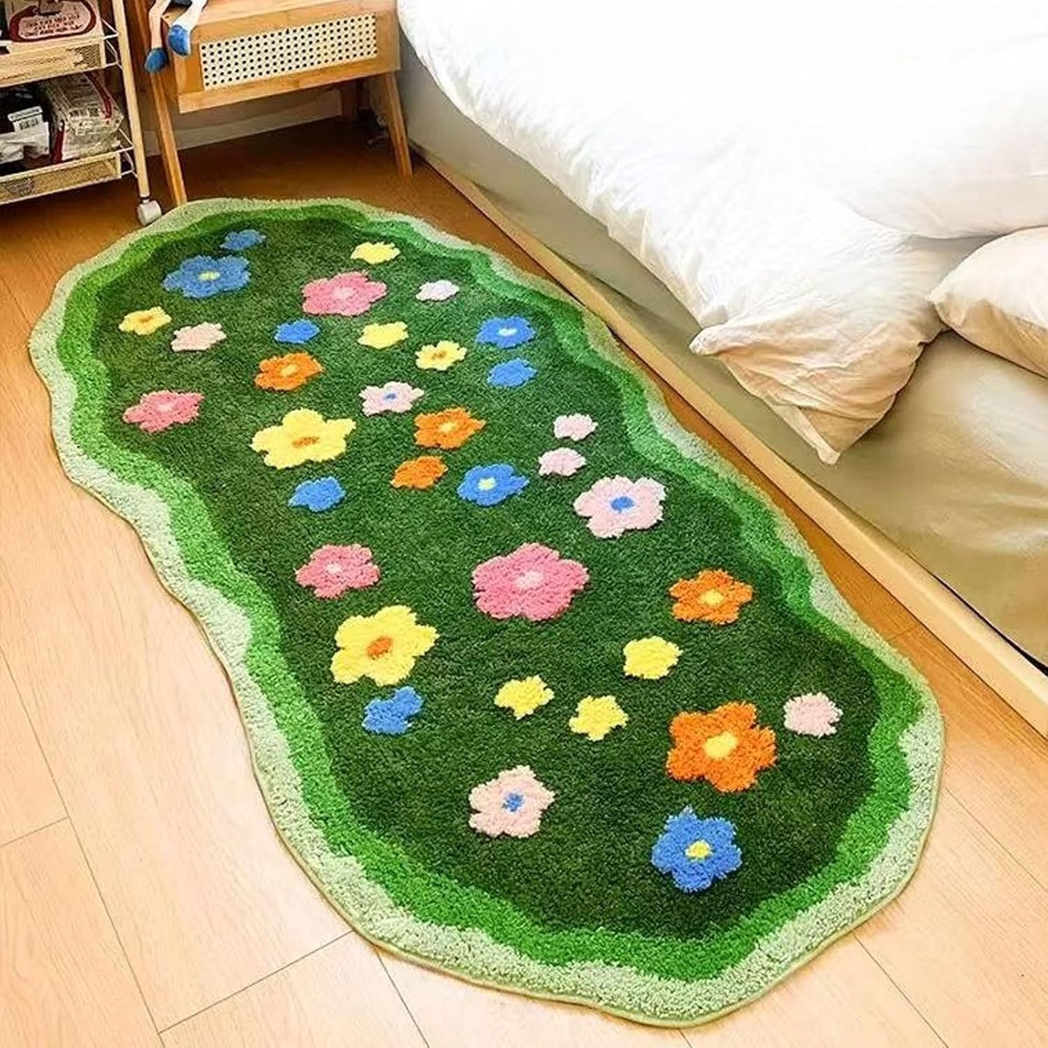 MOSS Cute Green Floral Bath Rug,3D Floral Garden Bath Mat, Green Plush Area Rug with Colorful Flower Pattern, Non-Slip Tufted Floor Runner for Bathroom, Bedroom and Kitchen (A, 47 inx24 in)