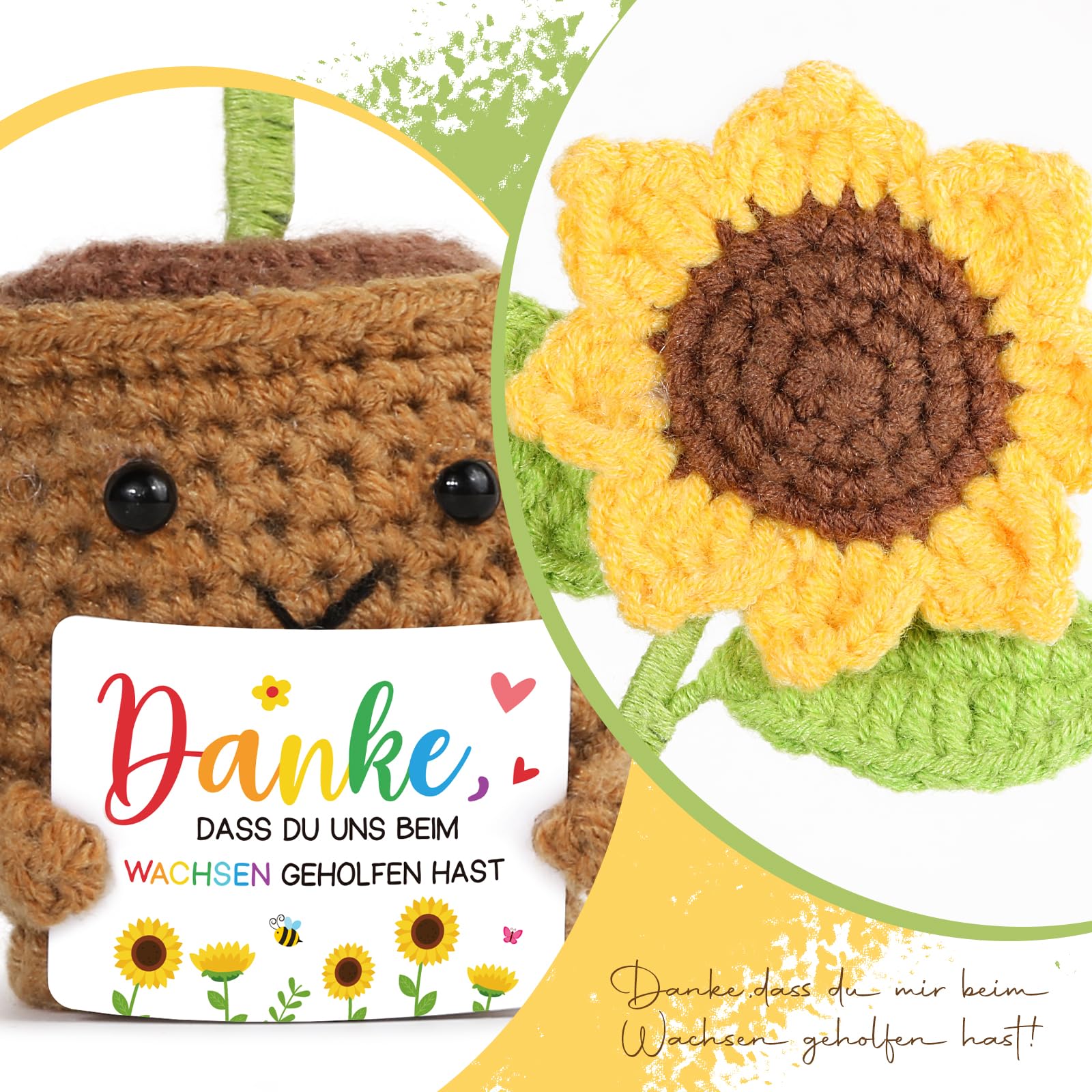 Tuxuzal Abschiedsgeschenk Erzieherin - Handgestrickte Sonnenblume Mit Kartoffel-Gesicht & Dankeskarte