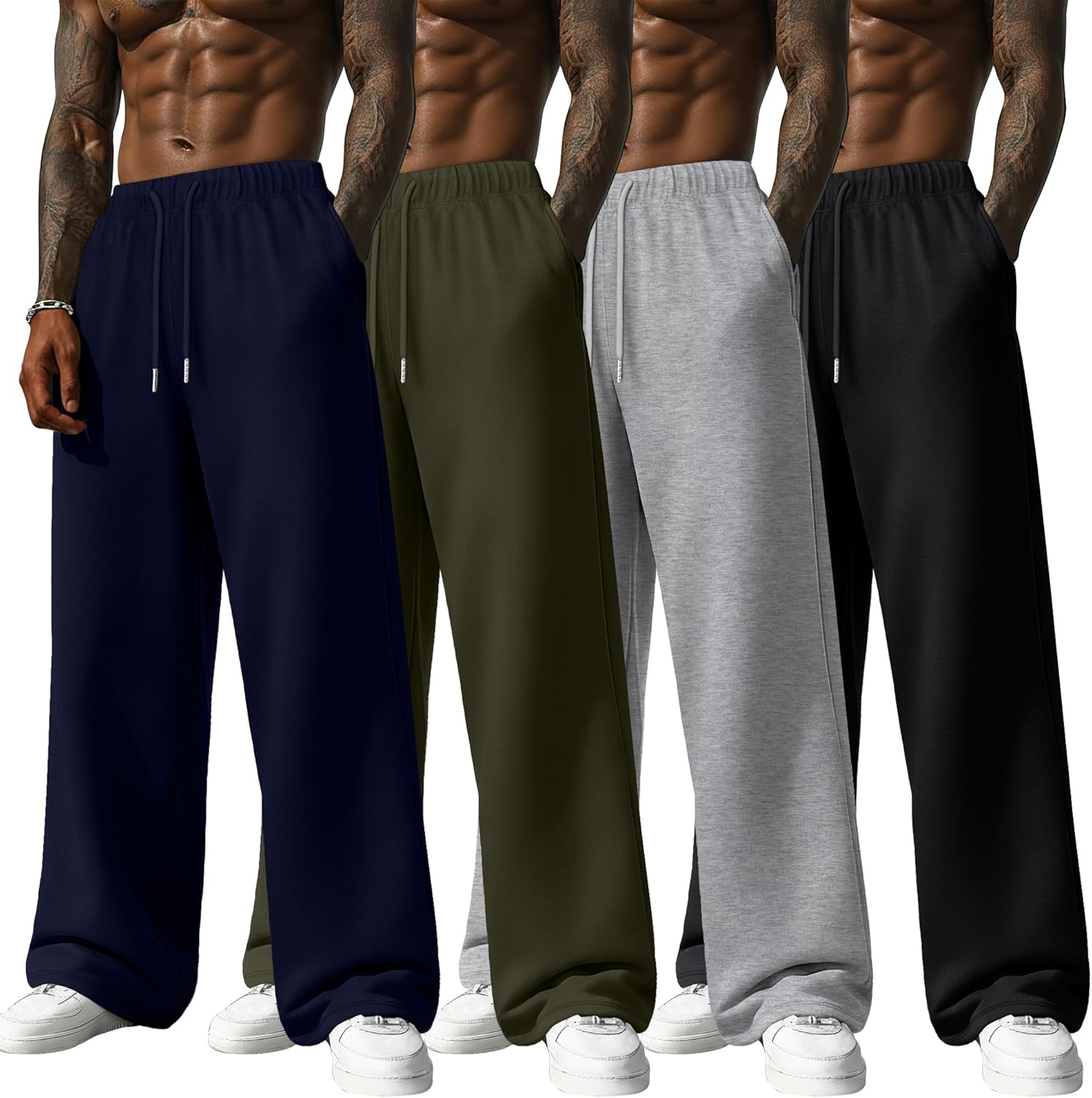 Neer 4 Pack Men's Lightweight Sweatpants Athletic Wide Leg Drawstring Open Bottom Pants Baggy Joggers Lounge with Pockets