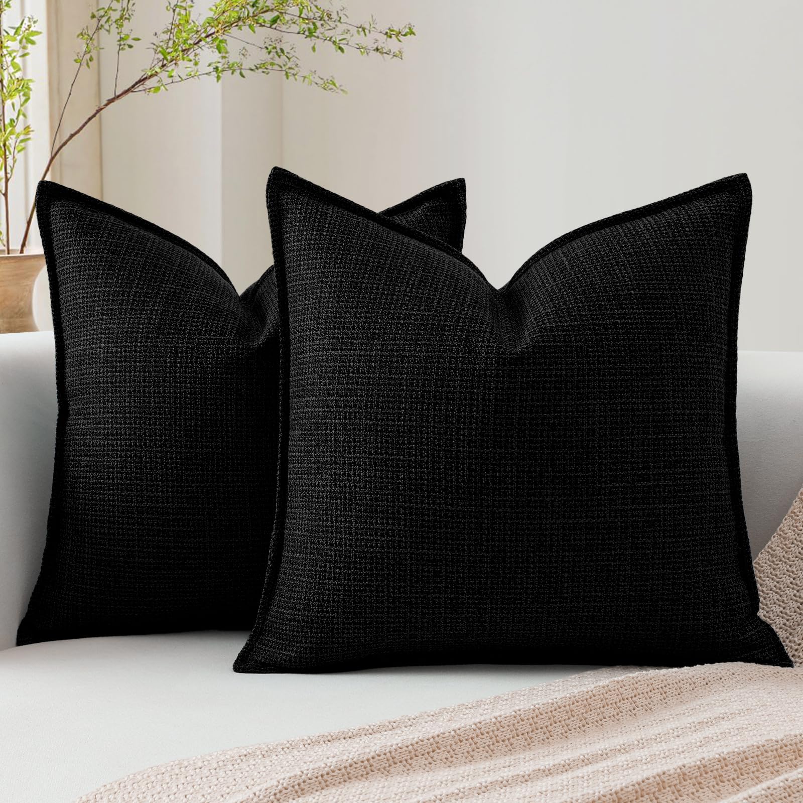 Artscope Pack of 2 Black Decorative Cushion Covers 24x24 Inch Linen Texture Couch Throw Pillows Farmhouse Pillow Covers with Elegant Design for Sofa Bedroom Living Room Home Decor 60 x 60 CM — image 1