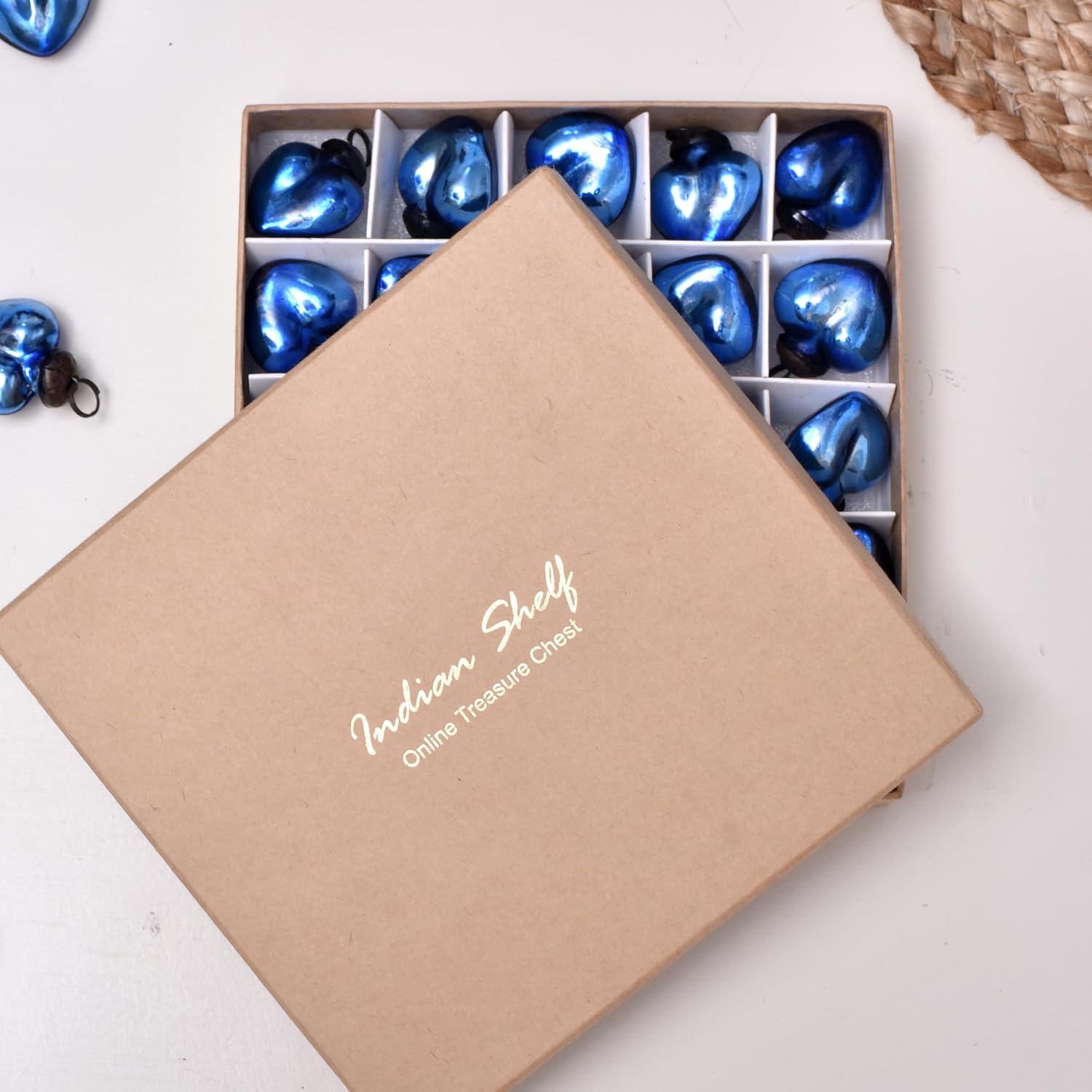 IndianShelf 25 Pieces Blue Heart Glass Vintage Christmas Ornaments Mini Bulk Decorative Ornaments for Halloween, Christmas Tree, New Year, Valentine Day, Holidays, Event and Wedding (25 * 1 Boxes)