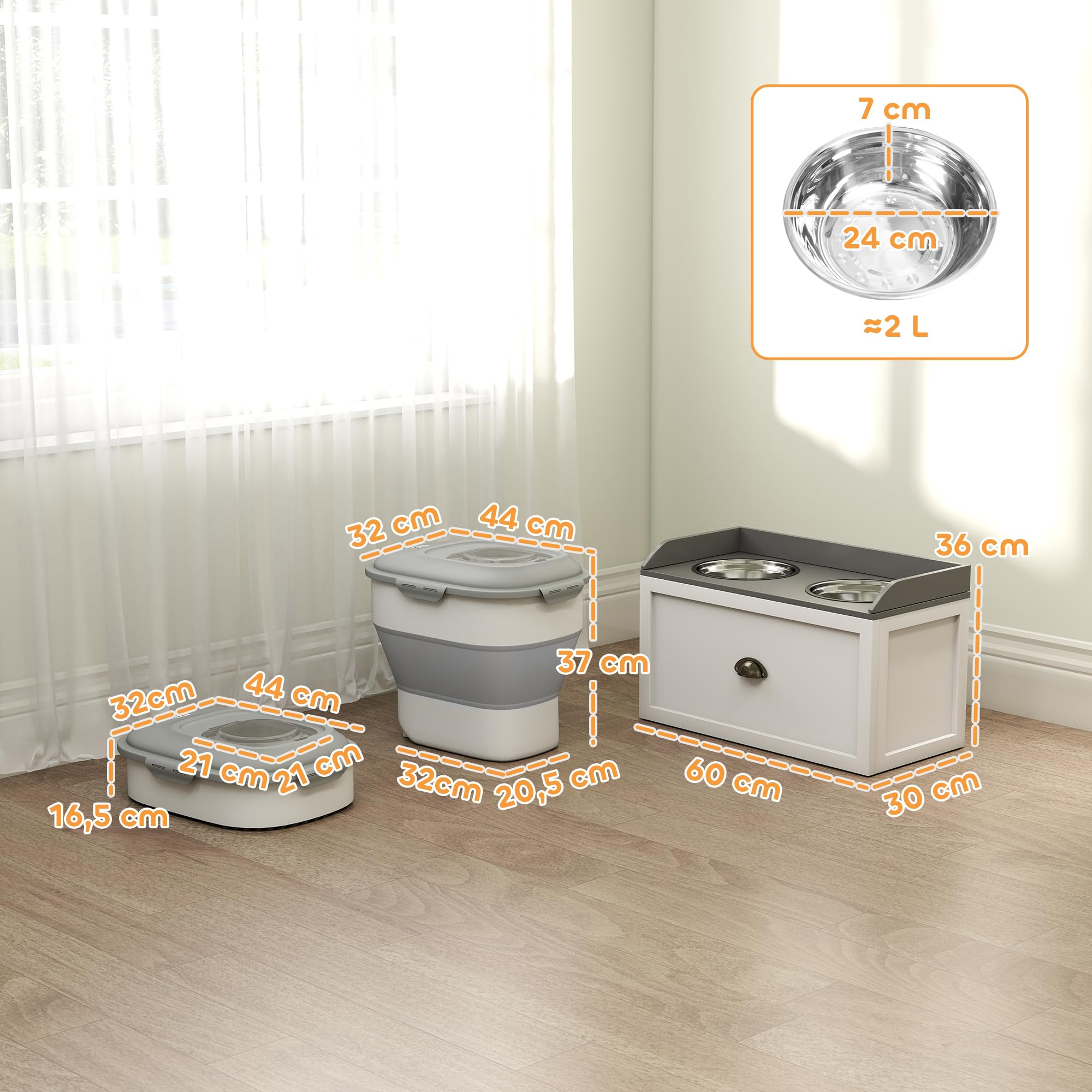 PawHut Conjunto de 1 Comedero Elevado para Perros Grandes con 2 Tazones 2000ml de Acero Inoxidable y 1 Contenedor de Comida para Perros Plegable 25L con Ruedas Taza Medidora Blanco y Gris