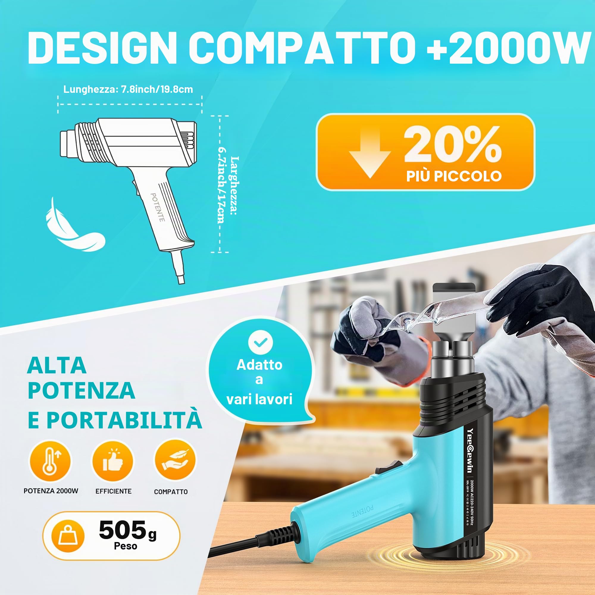 Pistola Termica 2000W, 50-650 ℃ Controllo Della Temperatura Regolabile Pistola ad Aria Calda Professionale con Display LCD, Protezione da Surriscaldamento, per Sverniciatura, Termoretraibile