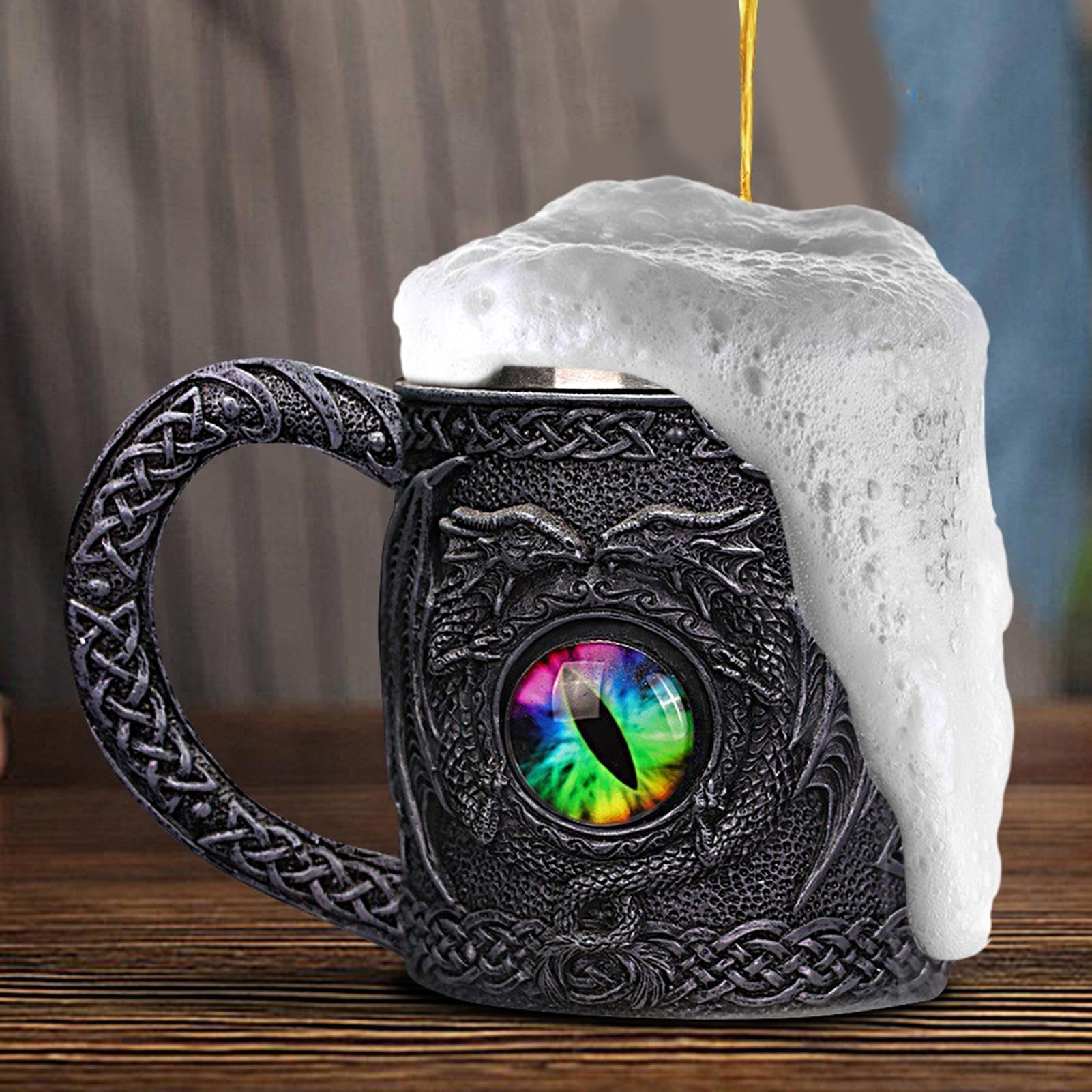 Taza medieval de 450 ml, acero inoxidable, doble capa, mango antideslizante