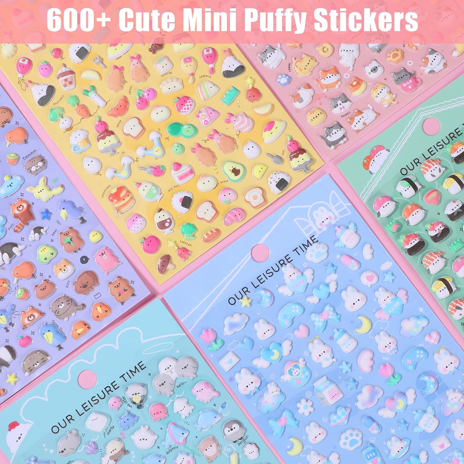 6 Sheets Mini Puffy Stickers,Cute Kawaii Small 3D Stickers,for Adults