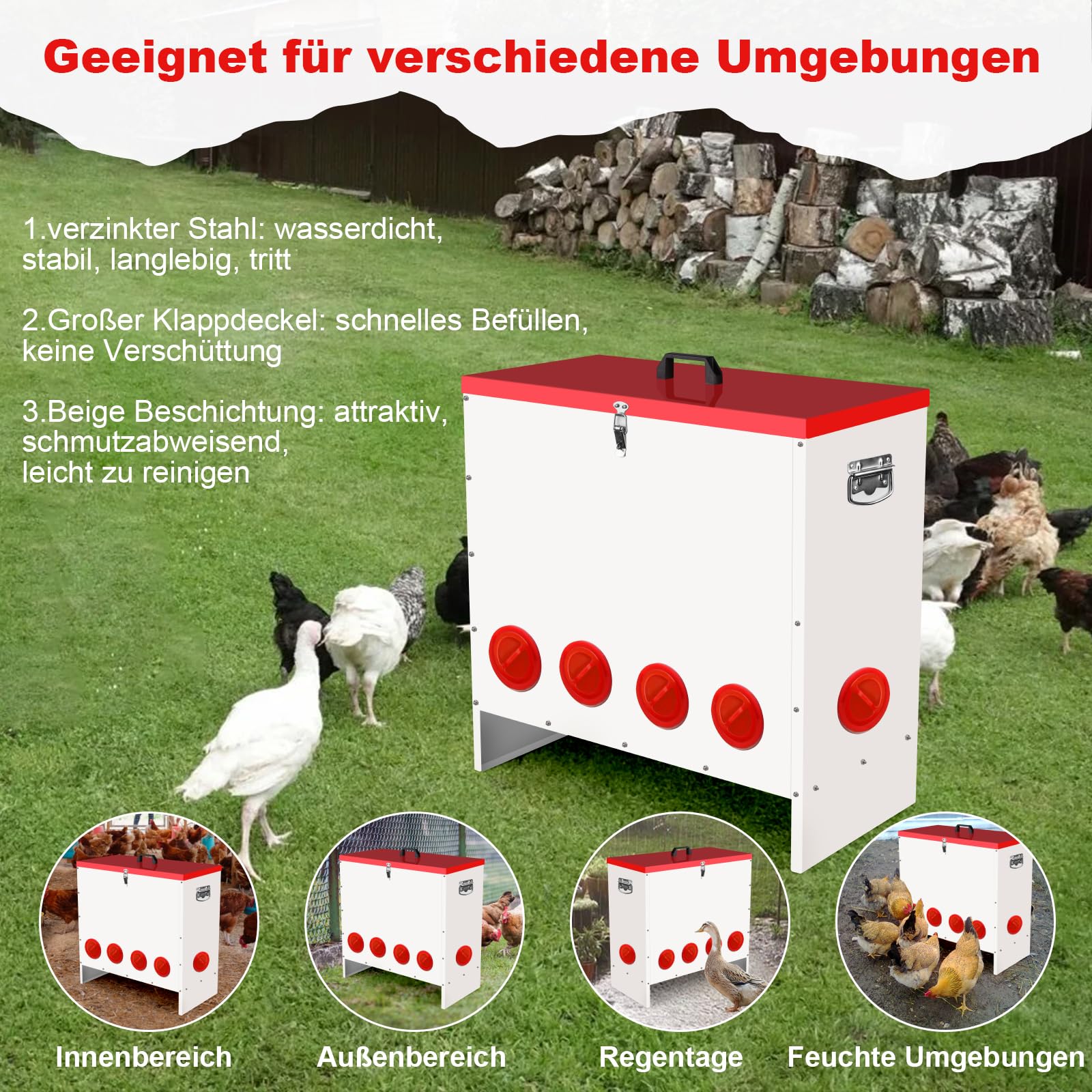 Futterautomat für Hühner 45.2 kg, Großvolumiger Hühnerfutter Automat mit 10 Futterstellen, Reduziert Futterverlust, für Hühner, Enten und Gänse