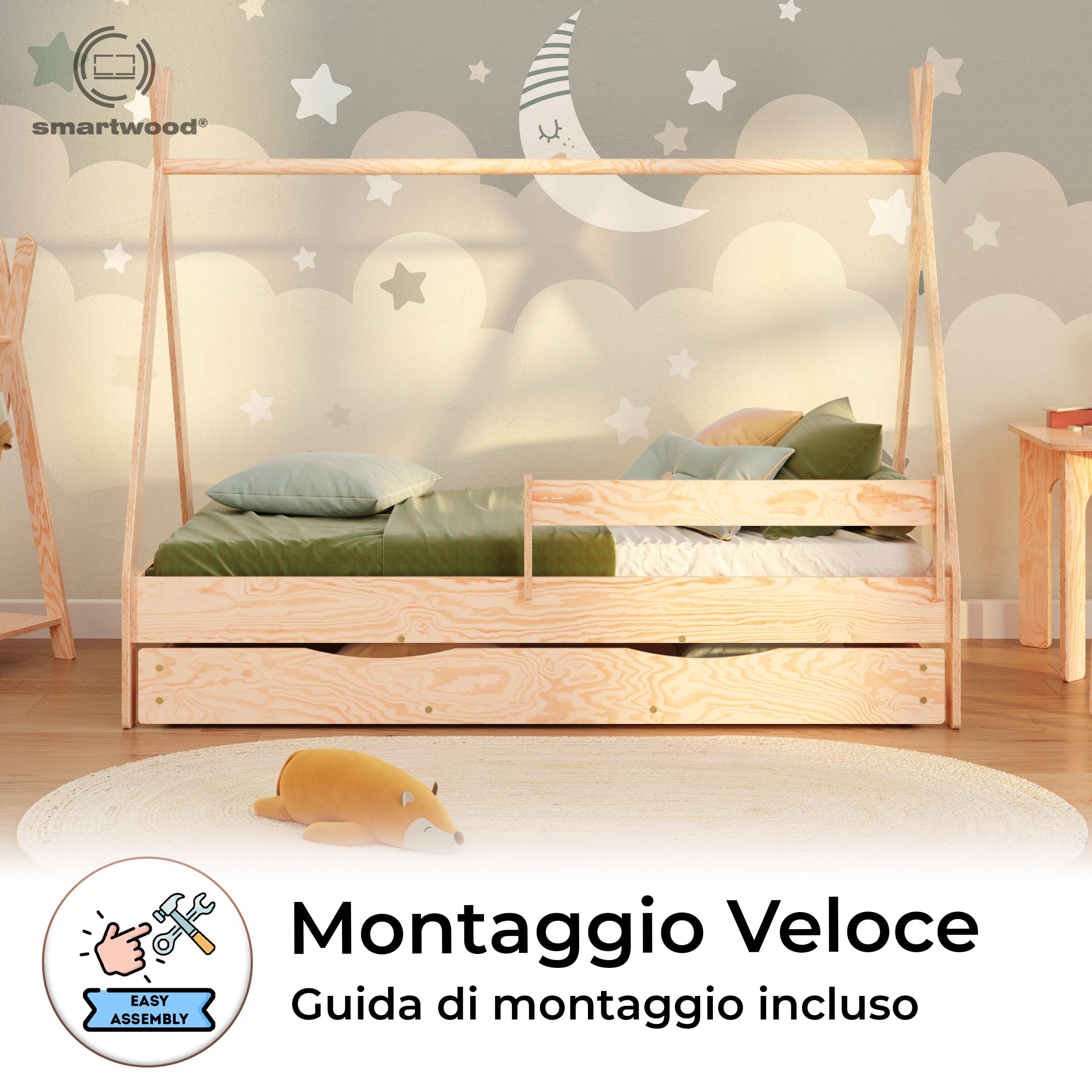 smartwood Letto Casetta Bambini 80x160 cm - Letto Singolo con Cassetto TIPI D in Legno di Pino FSC con Sponda Anticaduta e Reta a Doghe Fino a 230 kg - Per Bambino e Bambina - Montaggio Facile