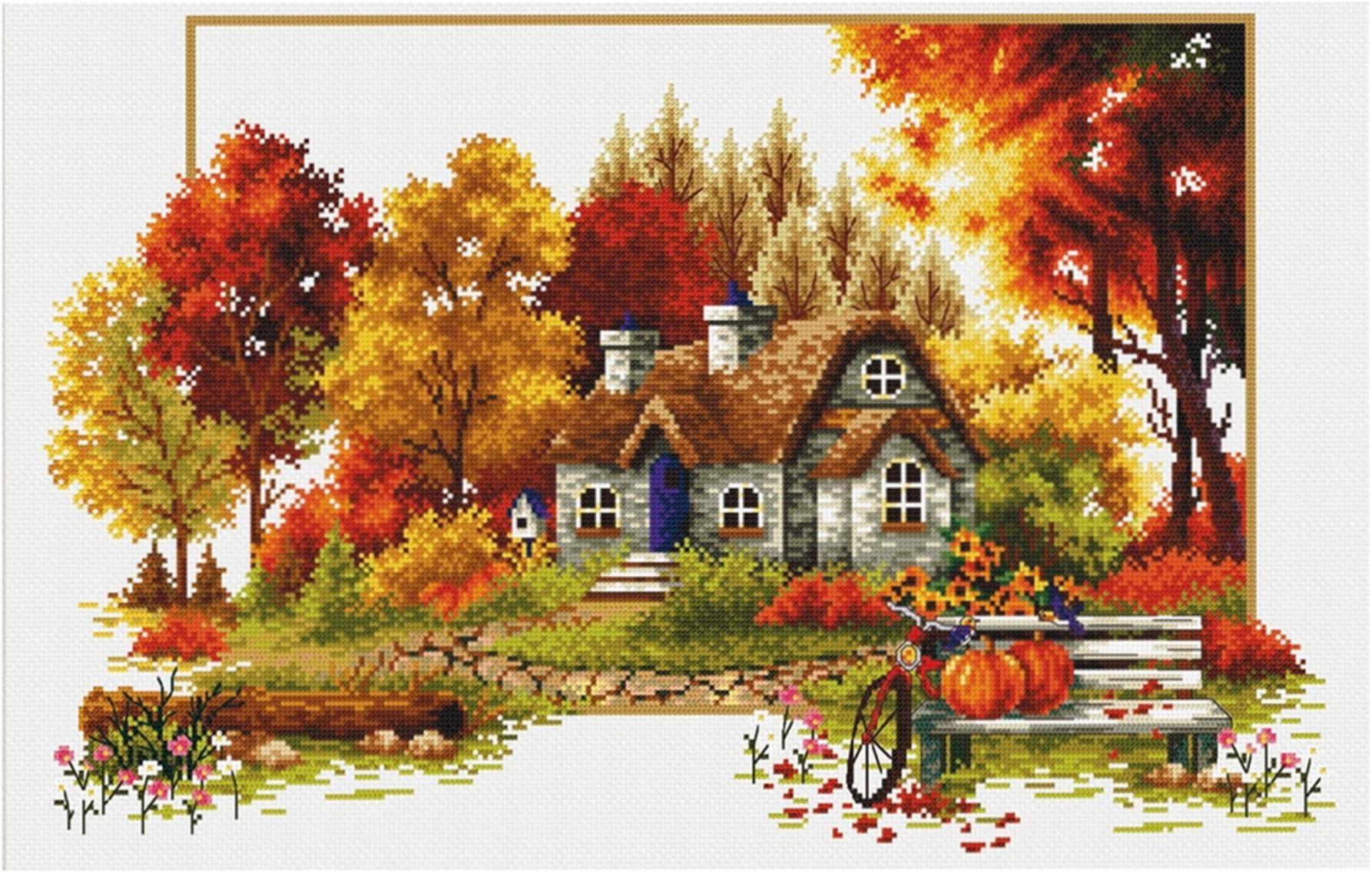 TINMI ATRS DIY Stamped Cross Stitch Landscape Kits Thread Needlework Embroidery Printed Pattern 11CT Home Decoration Four Seasons (Autumn)