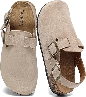 Women's Suede Clogs with Back Strap Men's Cork Footbed Leather Mules Clogs for Women Comfort Memory Foam Slingback Clog Sandals with Adjustable Buckle Slip on Potato Shoes