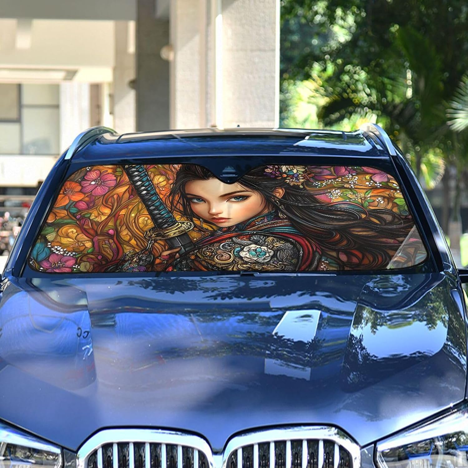 Windshield Sun Shade Female Samurai Print for Car, Aluminum foil Layer Reflective Sun Visor for SUV Sedan Medium Size