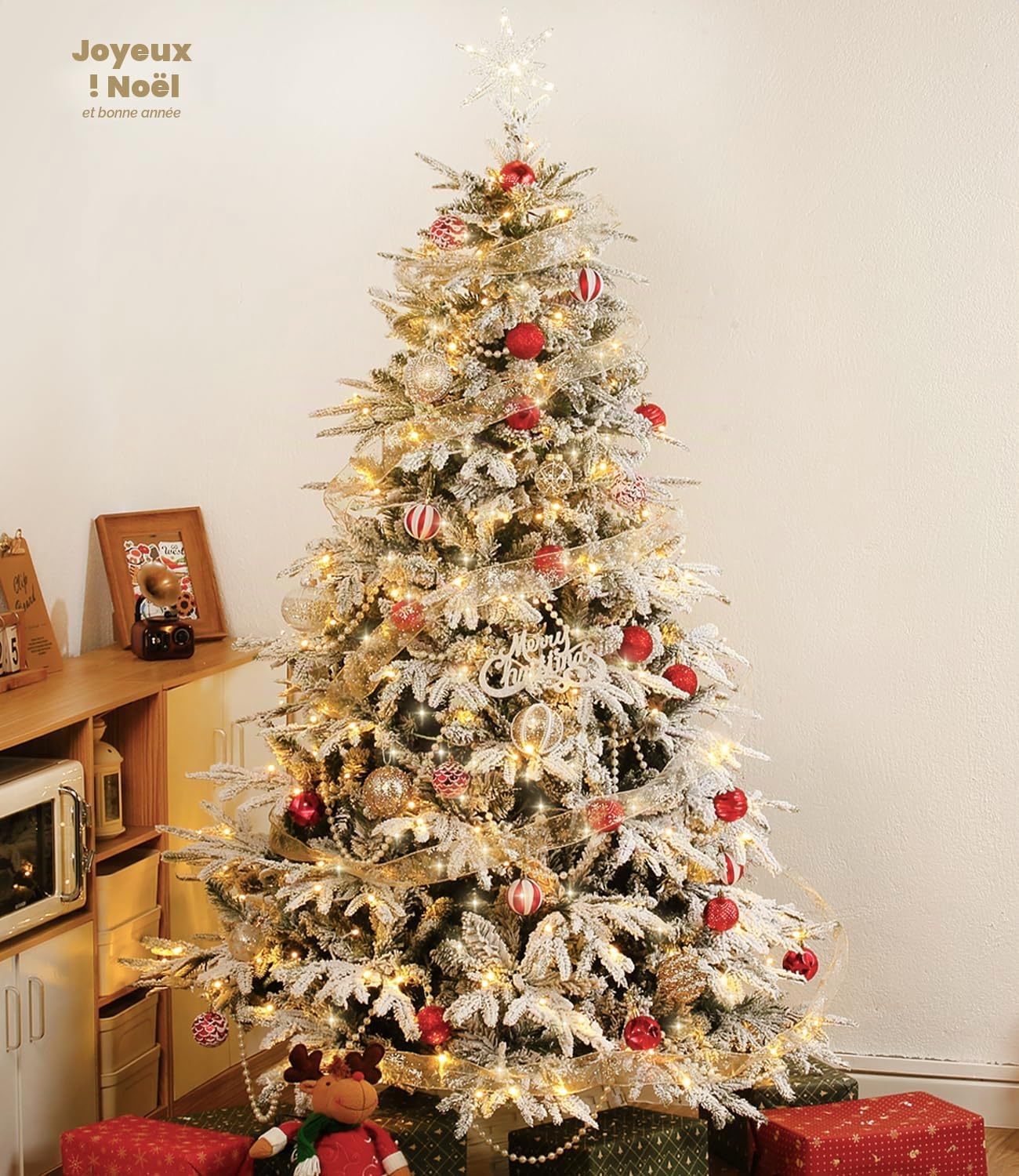 DEWUR Sapin de Noël Artificiel avec éclairage et Neige, Support en métal