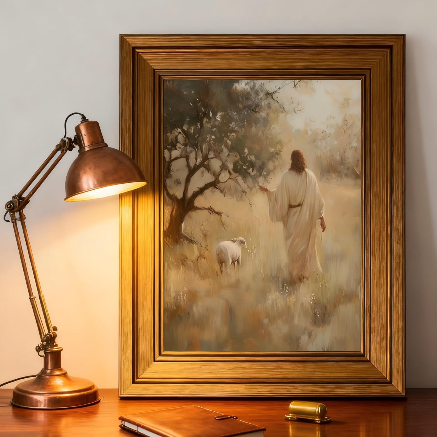 Gold Framed Vintage Wall Art Jesus and Lamb Canvas Printing shepherd Wall Decor Christian Art Poster Modern Religious Art Print for Living Prayer Room Bedroom Home Decoration 16×12inch