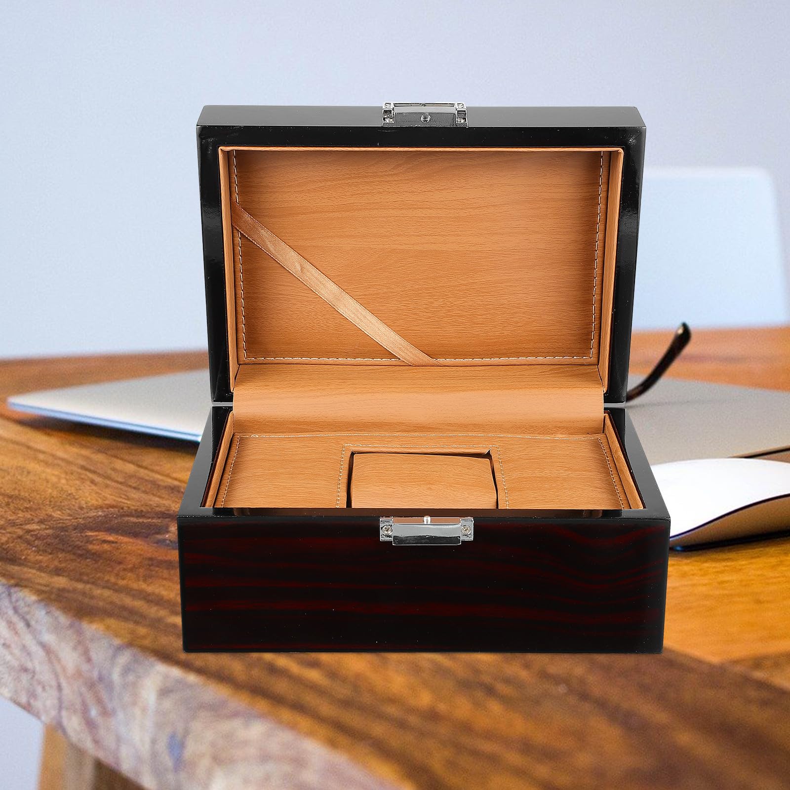 KALLORY Elegante Uhrenbox und Vintage Stil Schmuckaufbewahrung aus Lackiertem Holz mit Lederkissen für Damen und Herren