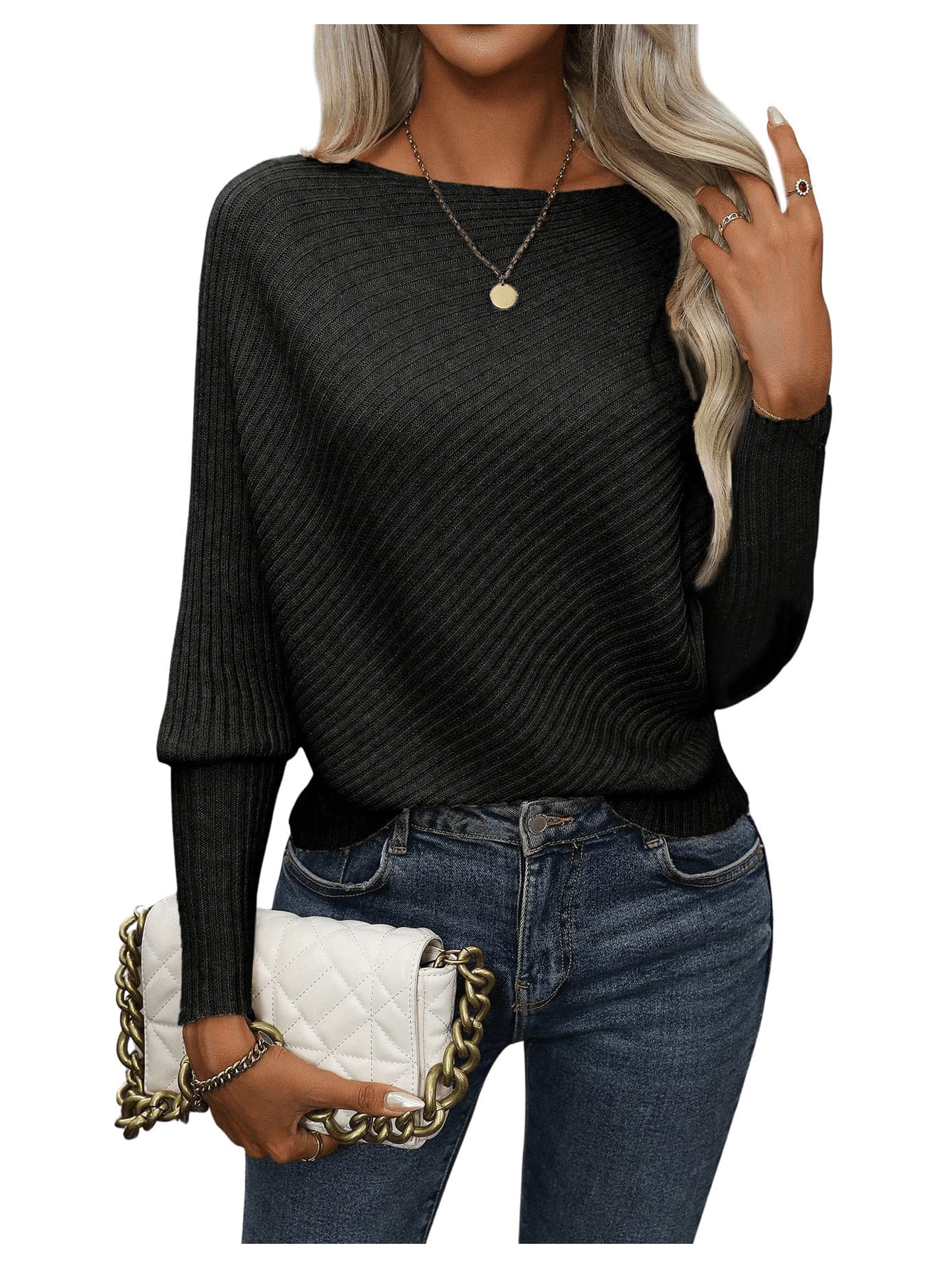 SOLY HUX Sweaters for Women Boat Neck Long Sleeve Casual Solid Pullover Tops