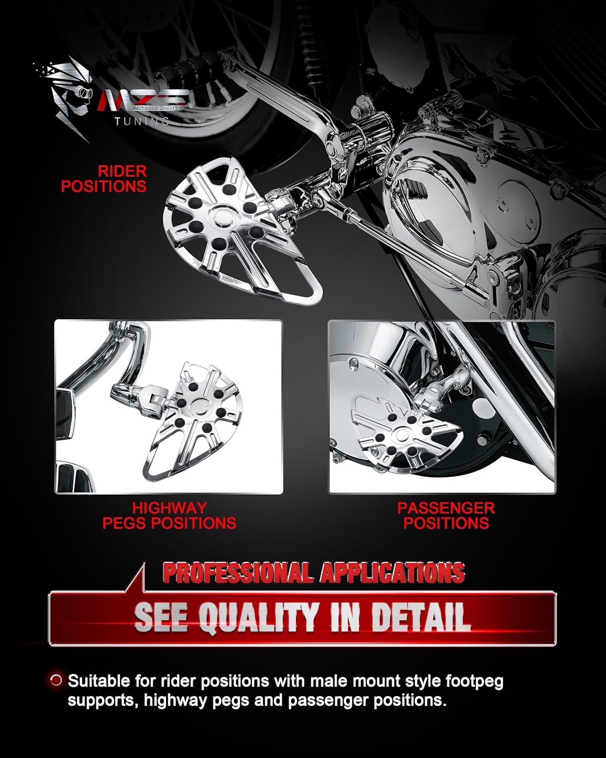 MZS Motorcycle Foot Pegs, Touring Front Floorboards Cruiser Rear Footboards Skeleton Chrome Compatible with Sportster Softail Dyna V Rod Road Glide Electra Street Glide Road King Trike 1984-2025