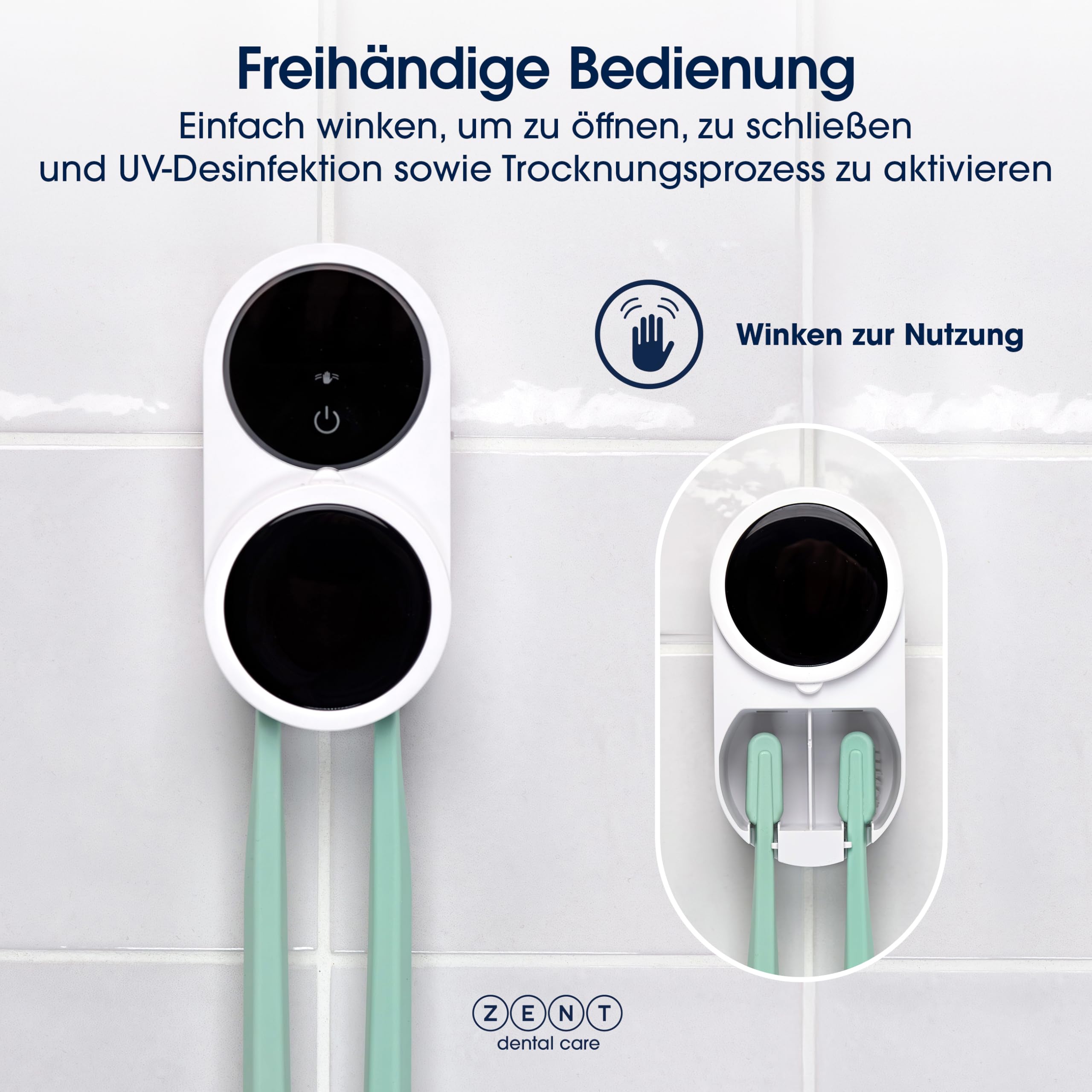 ZENT Zahnbürsten Sterilisator - Doppelte Desinfektion UV-C und UV-A | Zahnbürstenhalter mit Desinfektion - Wandmontage ohne Bohren - Robuste Batterie bis zu 50 Tage