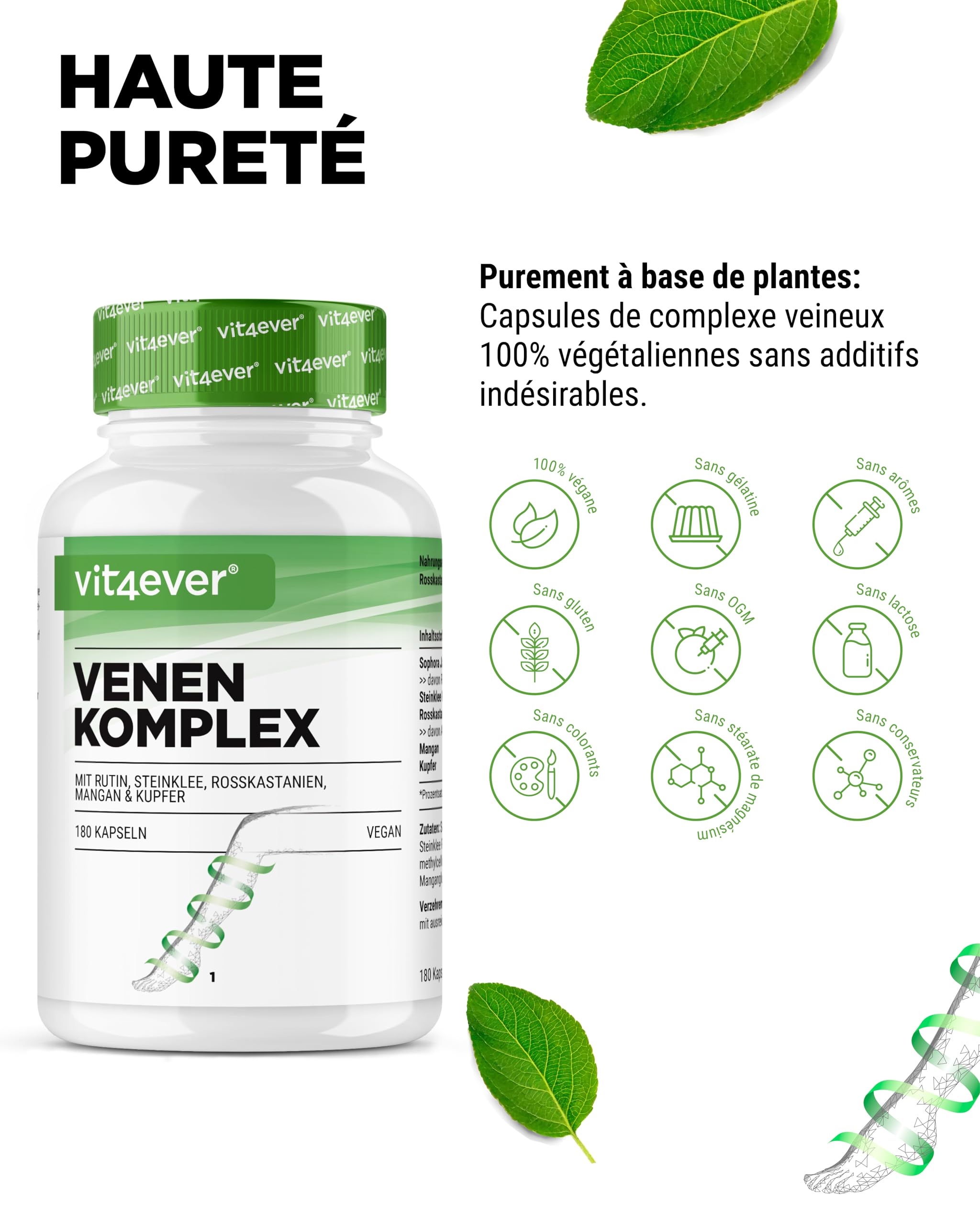 Complexe Veineux - 180 Capsules - 3 Mois d'Approvisionnement - Hautement Dosé en Rutine, Mélilot, Extrait de Marron d'Inde, Manganèse, Cuivre - Extraits Premium - Vegan
