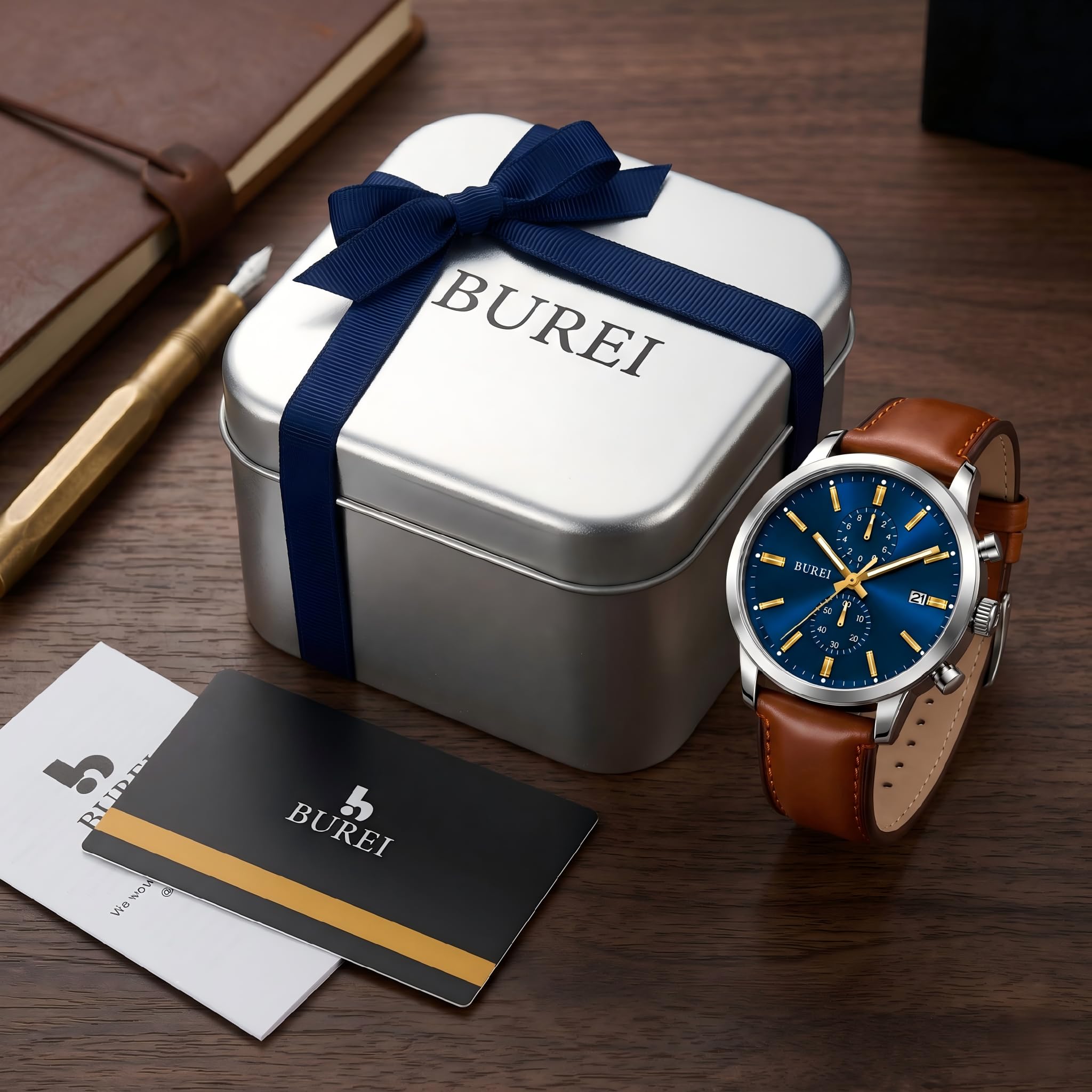 BUREI Herrenuhr Chronograph 44mm – Retro Armbanduhr Herren mit großem Zifferblatt & Lederarmband | Business, Casual, Sport | wasserdicht | Geschenk für Männer