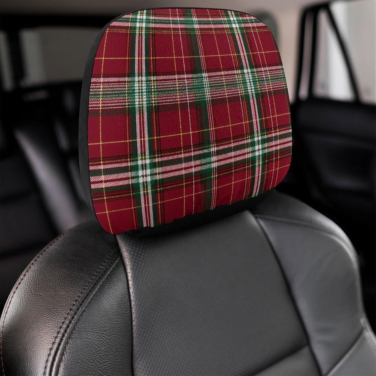Red and Green Tartan Pattern Fashion Car Headrest Cover Novelty Elastic Seat Rest Covers for SUV Truck Sedan image 4